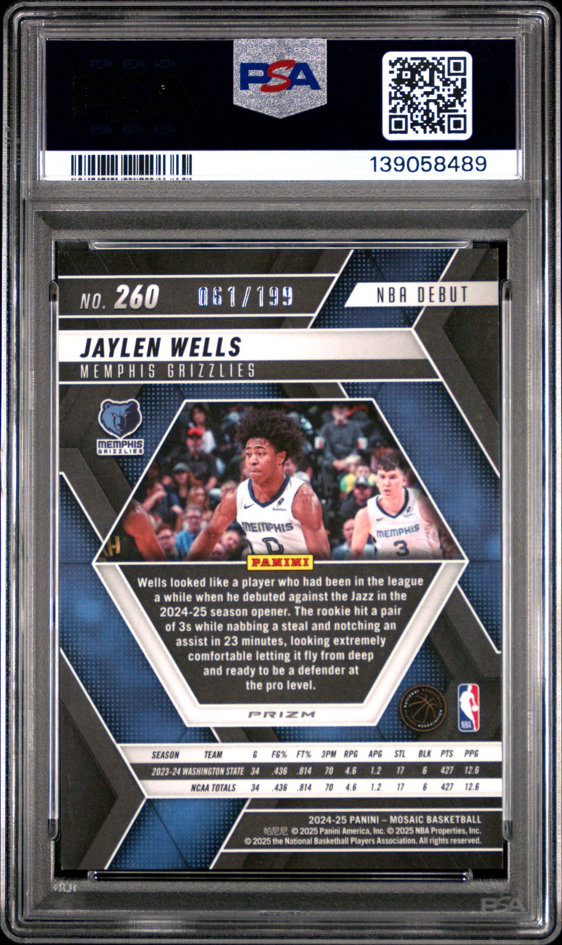 2024 Panini Mosaic Jaylen Wells #260 (Blue) Gem Mt 10 back
