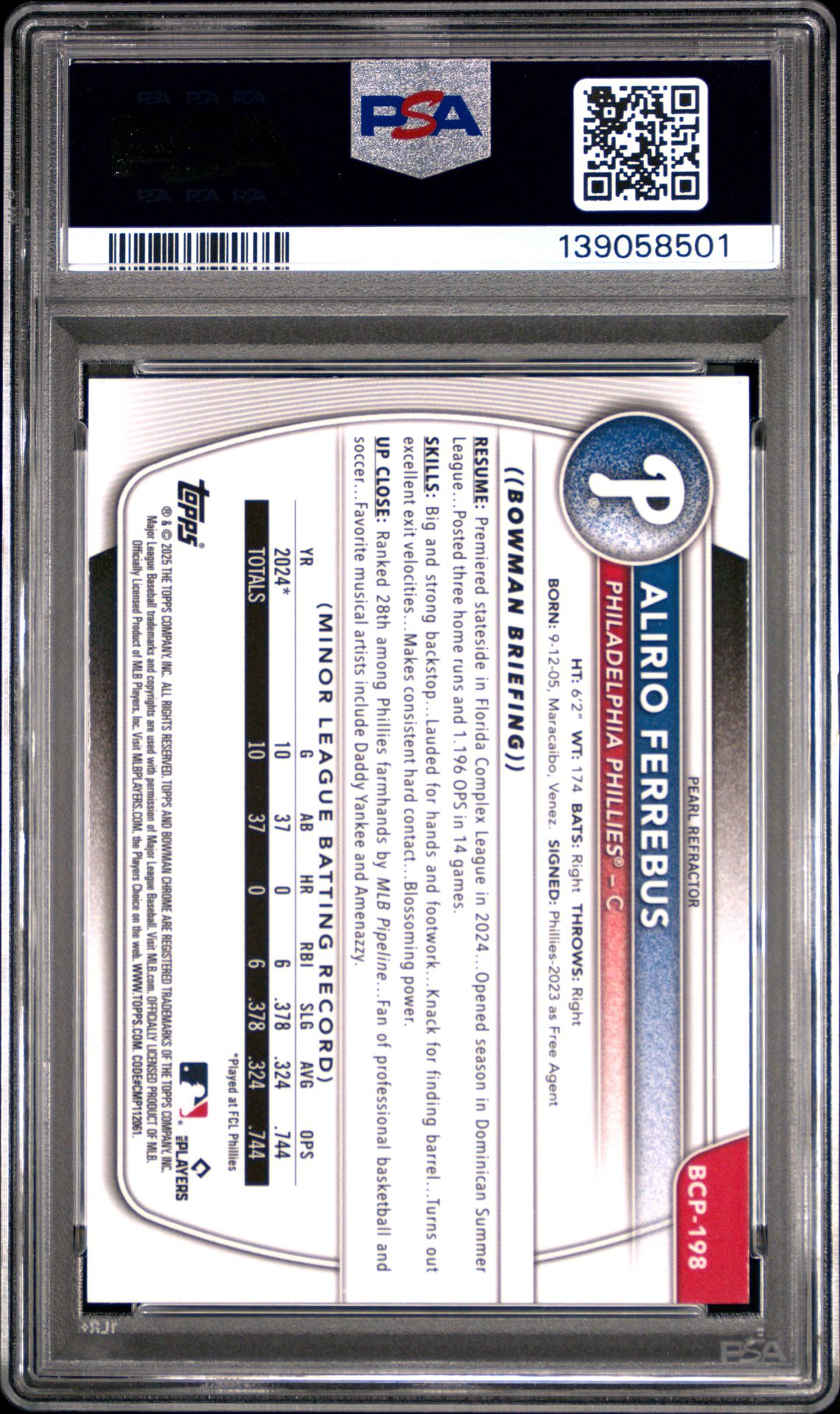 2025 Bowman Chrome Prospects Alirio Ferrebus #Bcp198 (Prospects-Pearl Refractor) Gem Mt 10 back