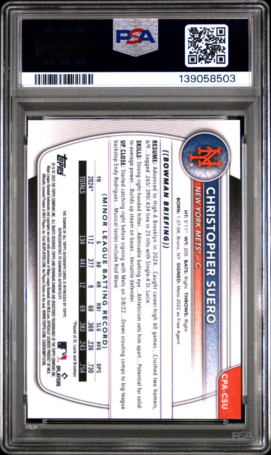 2025 Bowman Chrome Prospect Autographs Christopher Suero #Cpacsu (Chr Prs Au-Sunflower Seeds) Mint 9 back