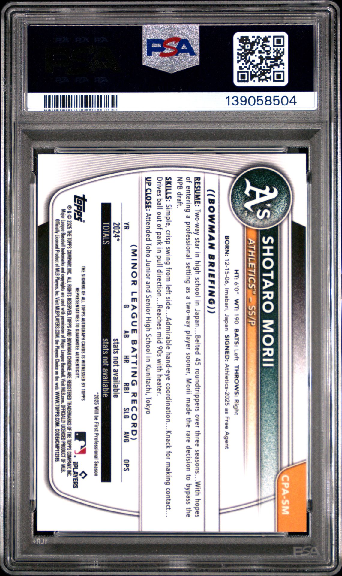 2025 Bowman Chrome Prospect Autographs Shotaro Morii #Cpasm (Chr Pros Au-Blue Raywave) Mint 9 back