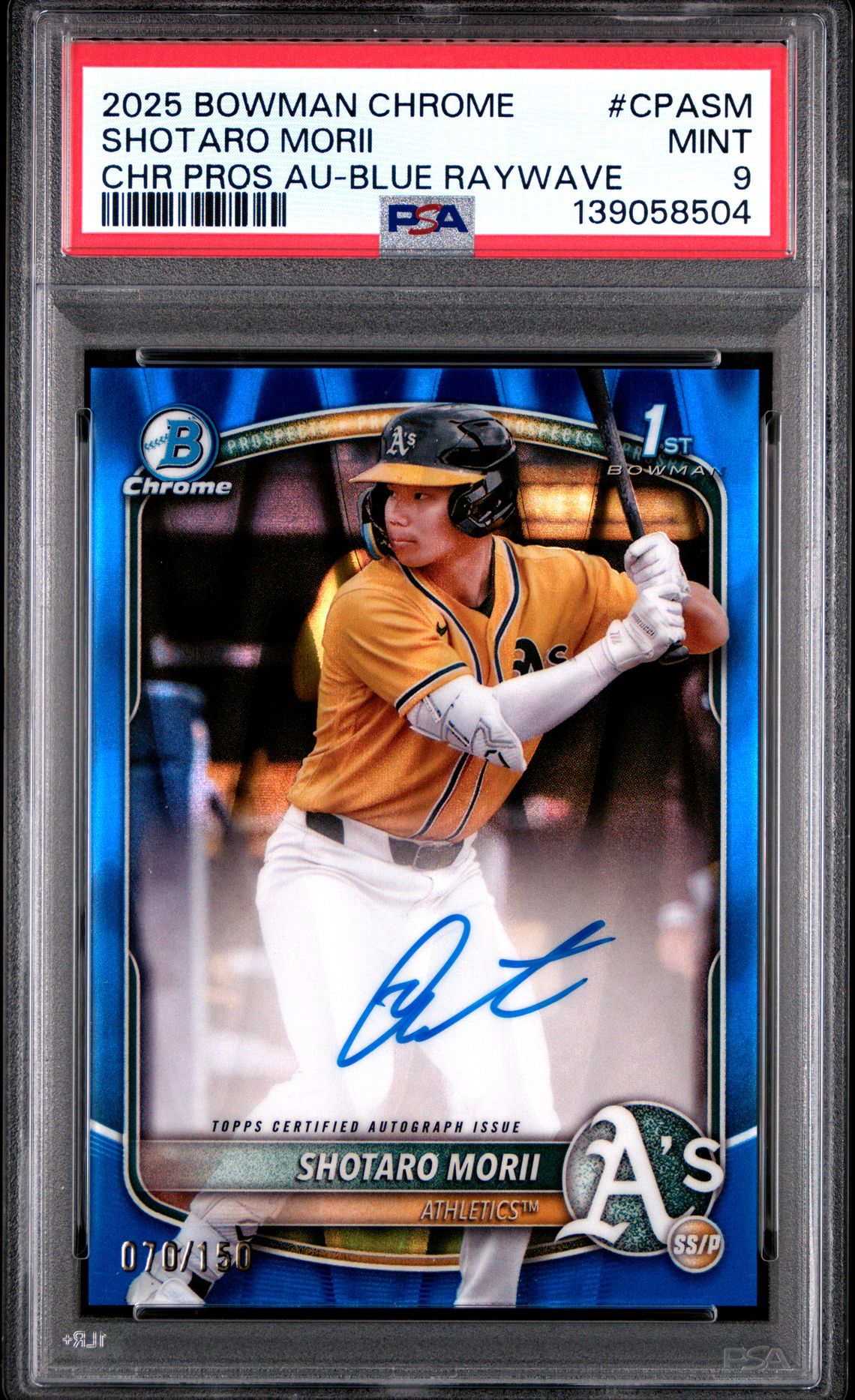 2025 Bowman Chrome Prospect Autographs Shotaro Morii #Cpasm (Chr Pros Au-Blue Raywave) Mint 9 front