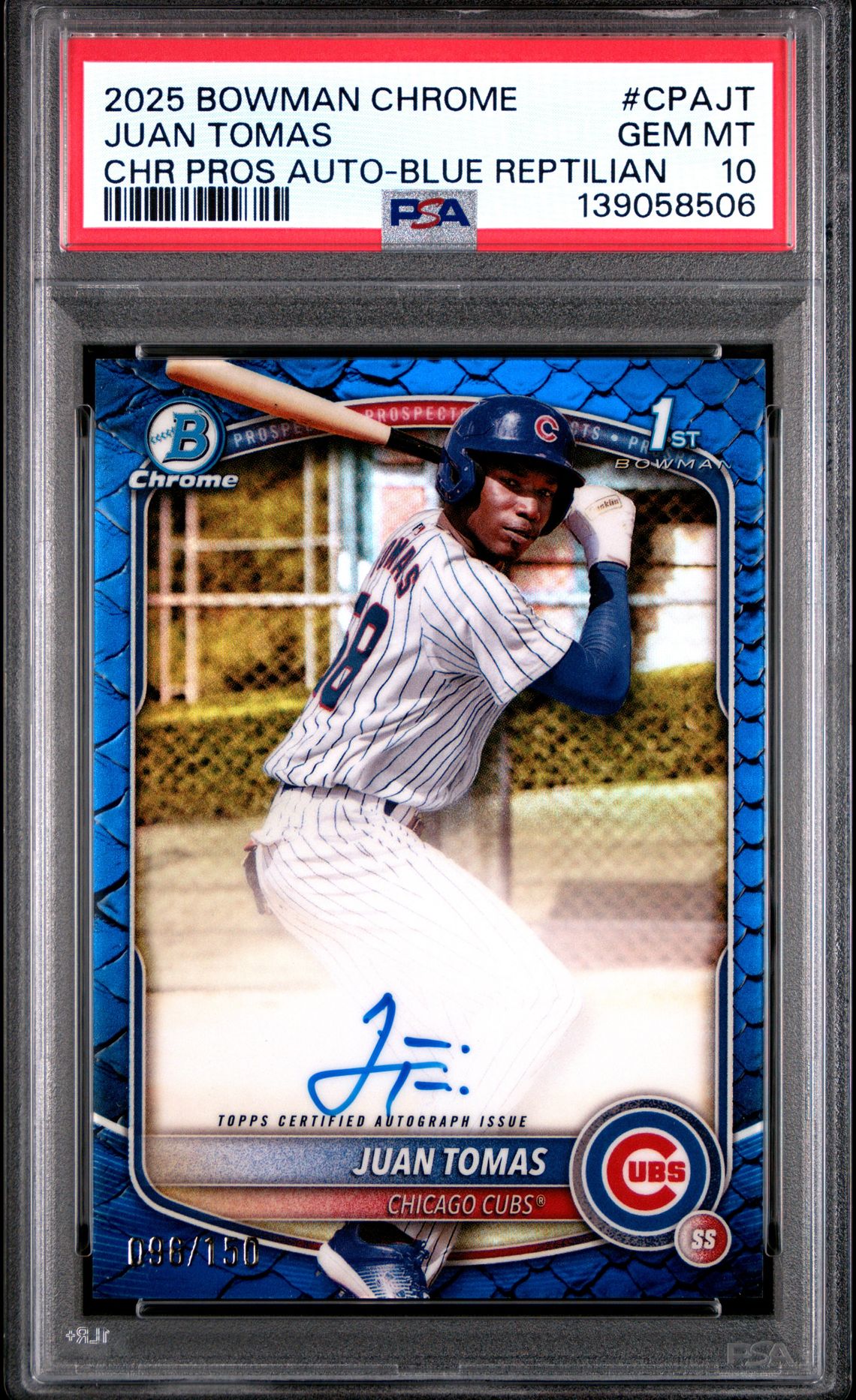 2025 Bowman Chrome Prospect Autographs Juan Tomas #Cpajt (Chr Pros Auto-Blue Reptilian) Gem Mt 10 front