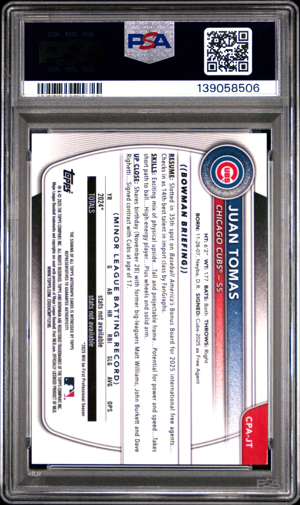 2025 Bowman Chrome Prospect Autographs Juan Tomas #Cpajt (Chr Pros Auto-Blue Reptilian) Gem Mt 10 back