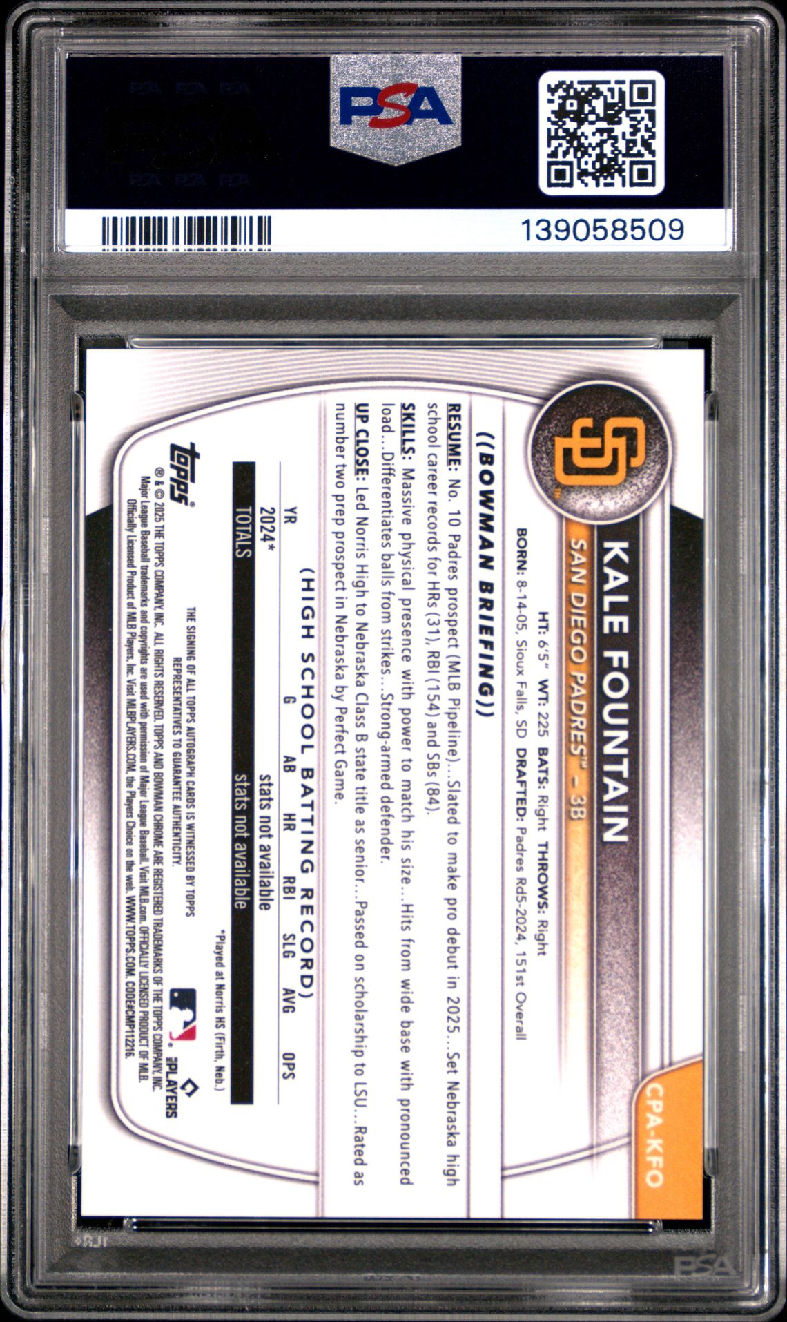 2025 Bowman Chrome Prospect Autographs Kale Fountain #Cpakfo (Chrome Pros Au-Purple Ref) Gem Mt 10 back