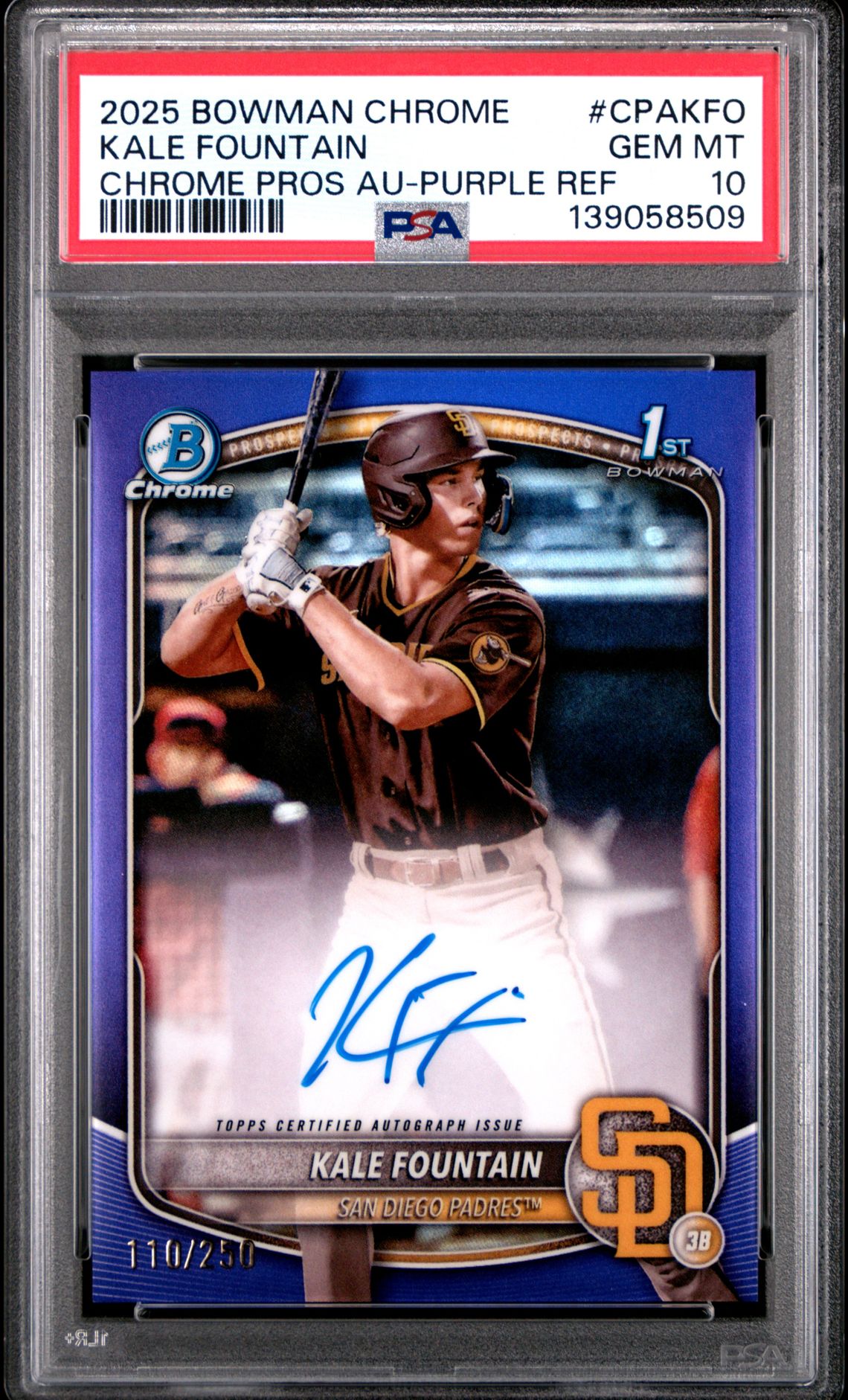 2025 Bowman Chrome Prospect Autographs Kale Fountain #Cpakfo (Chrome Pros Au-Purple Ref) Gem Mt 10 front