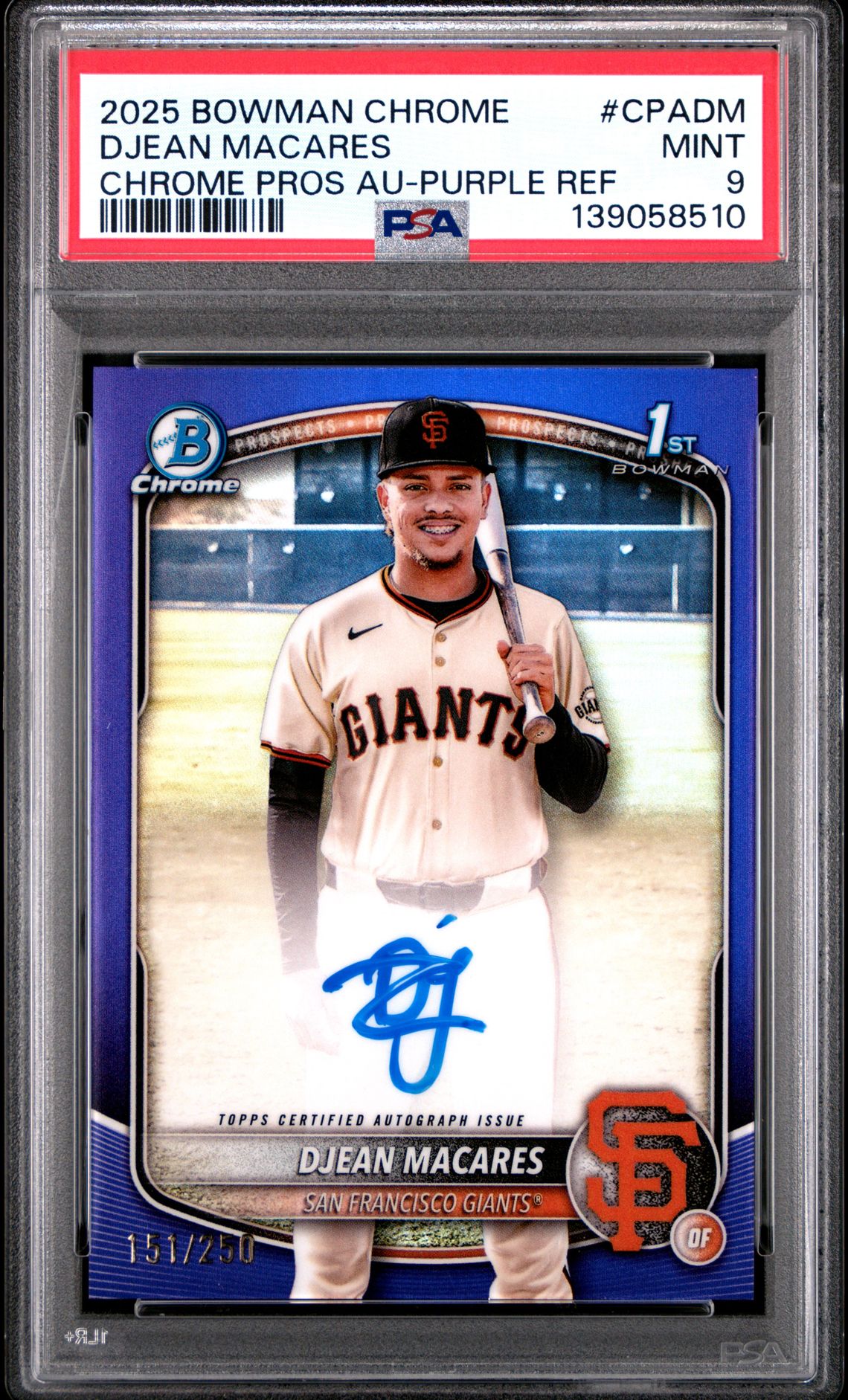 2025 Bowman Chrome Prospect Autographs Djean Macares #Cpadm (Chrome Pros Au-Purple Ref) Mint 9 front