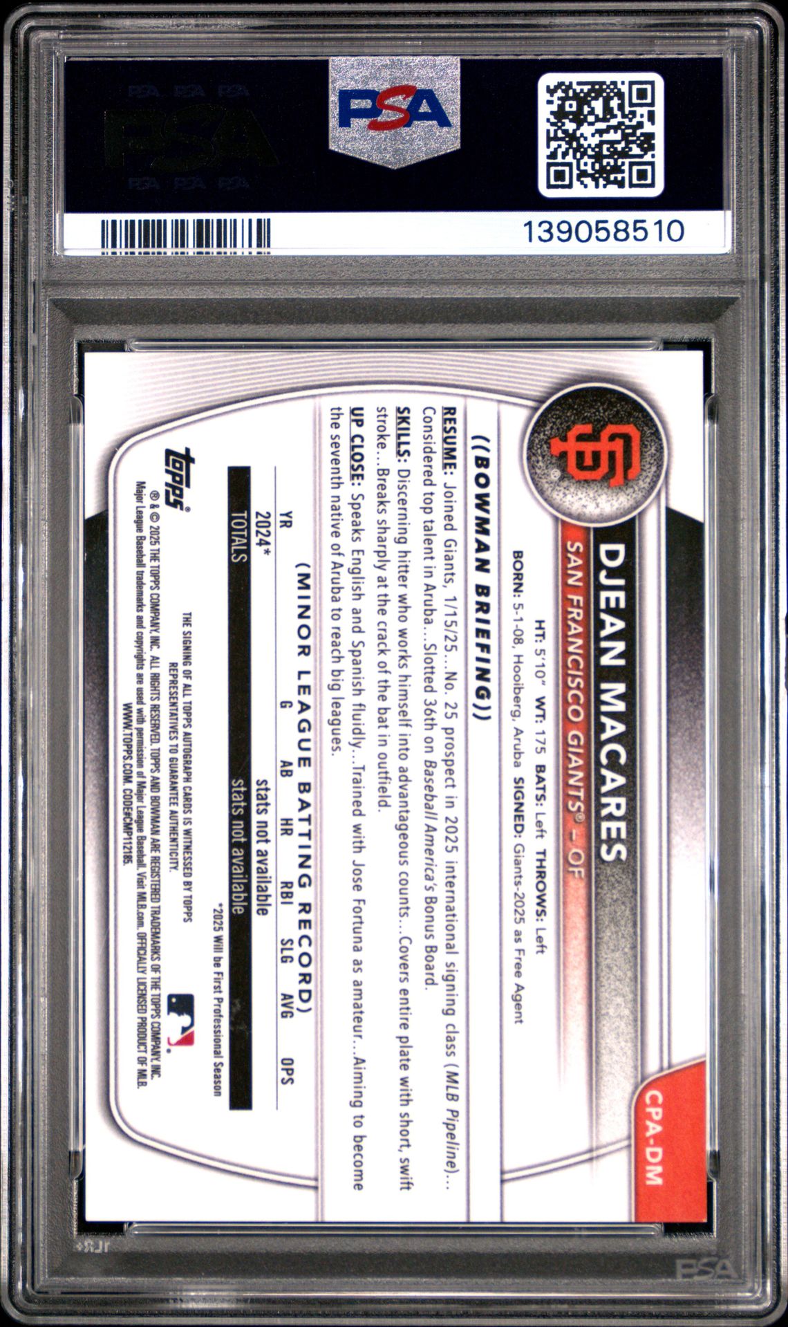 2025 Bowman Chrome Prospect Autographs Djean Macares #Cpadm (Chrome Pros Au-Purple Ref) Mint 9 back