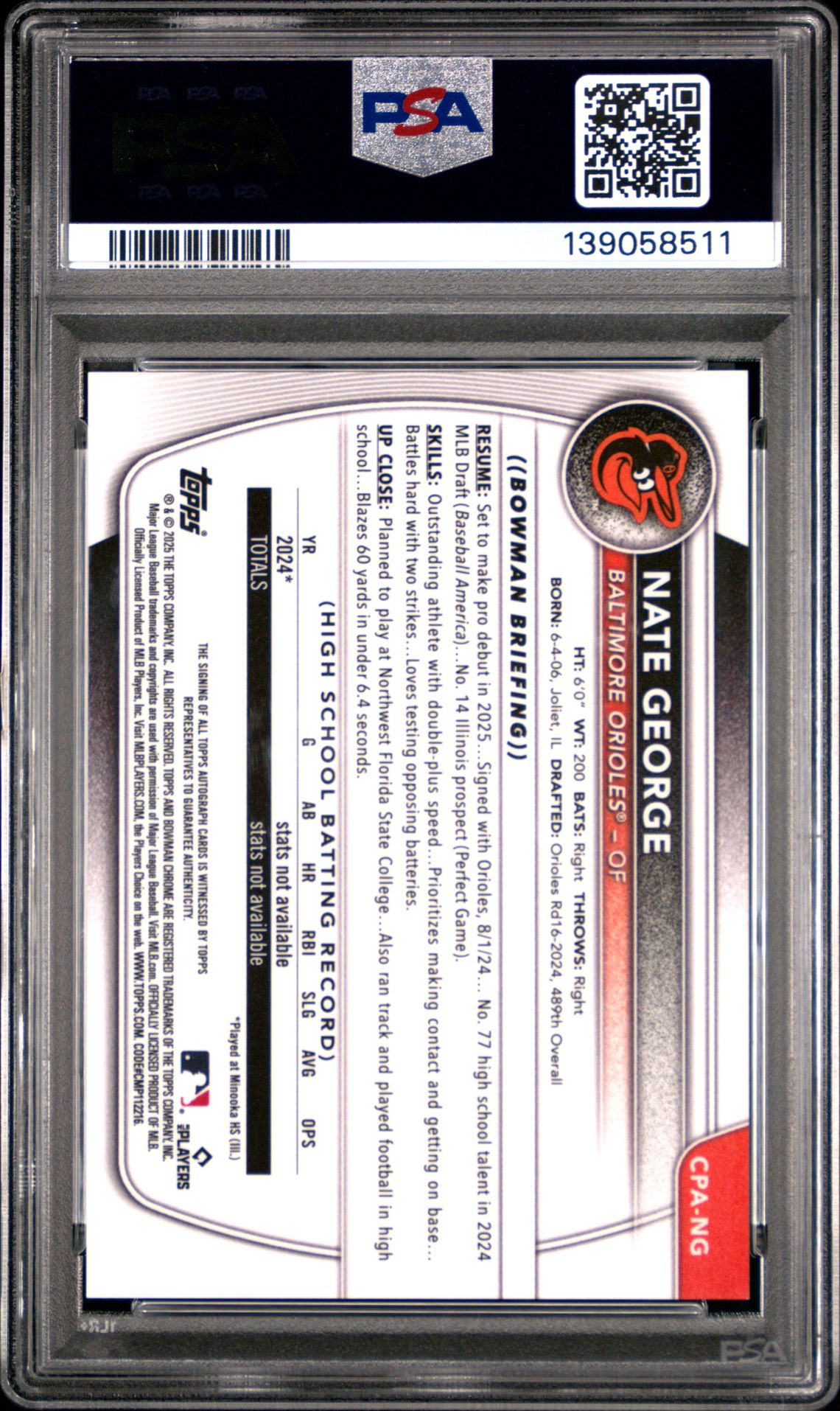 2025 Bowman Chrome Prospect Autographs Nate George #Cpang (Chrome Pros Au-Speckle Ref) Gem Mt 10 back