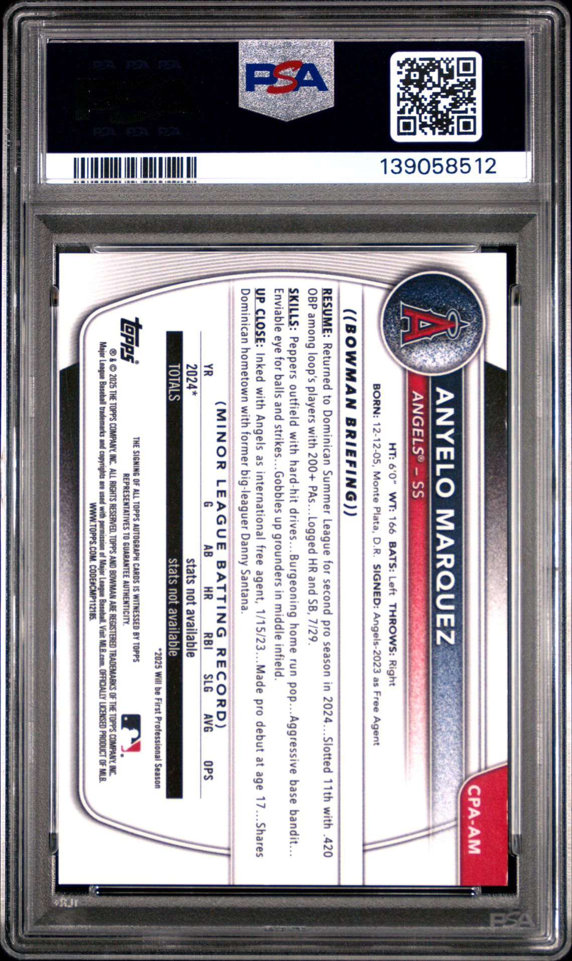 2025 Bowman Chrome Prospect Autographs Anyelo Marquez #Cpaam (Chrome Pros Au-Speckle Ref) Gem Mt 10 back view - PSA certificate #139058512