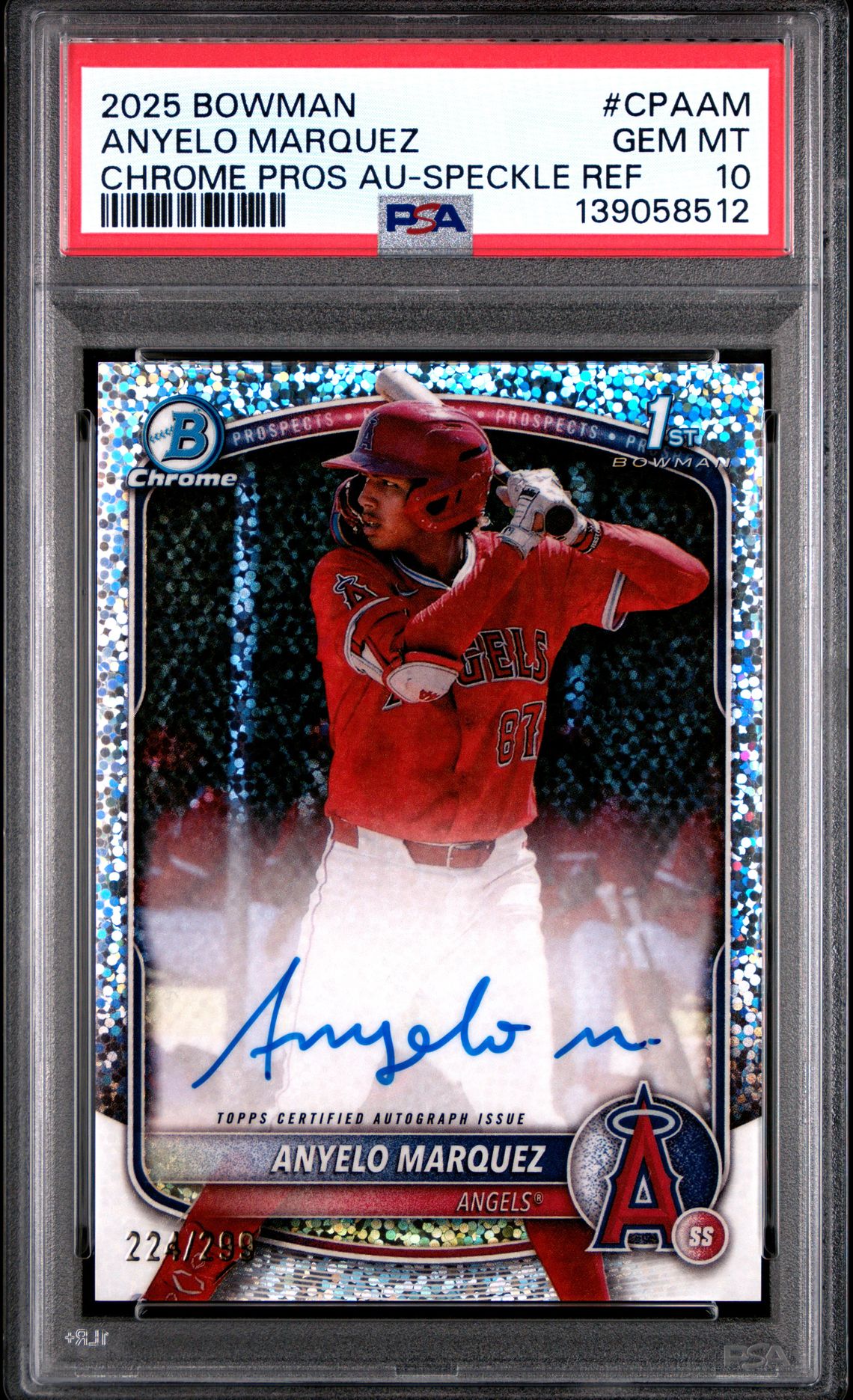 2025 Bowman Chrome Prospect Autographs Anyelo Marquez #Cpaam (Chrome Pros Au-Speckle Ref) Gem Mt 10 front view - PSA graded GEM MT 10