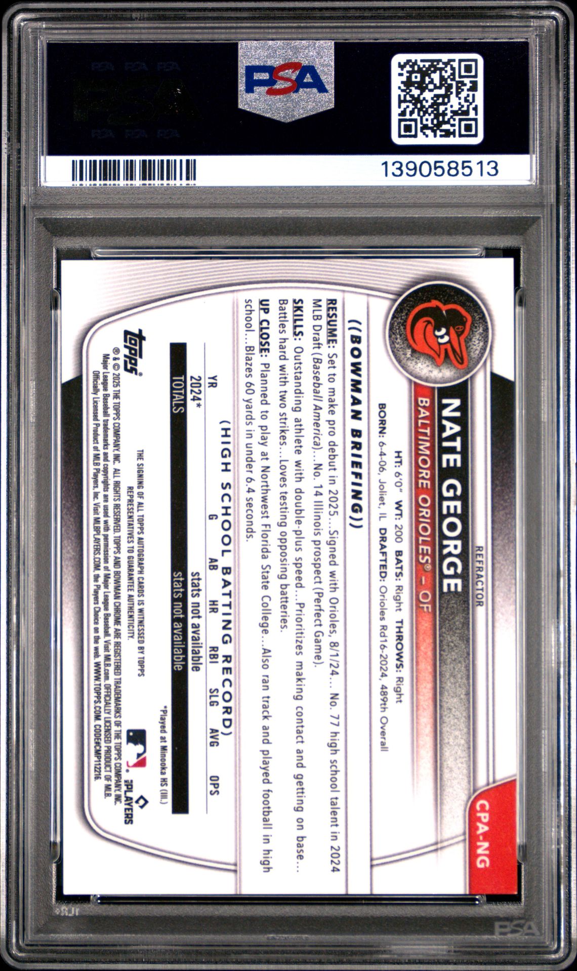 2025 Bowman Chrome Prospect Autographs Nate George #Cpang (Chrome Pros Au-Refractor) Mint 9 back