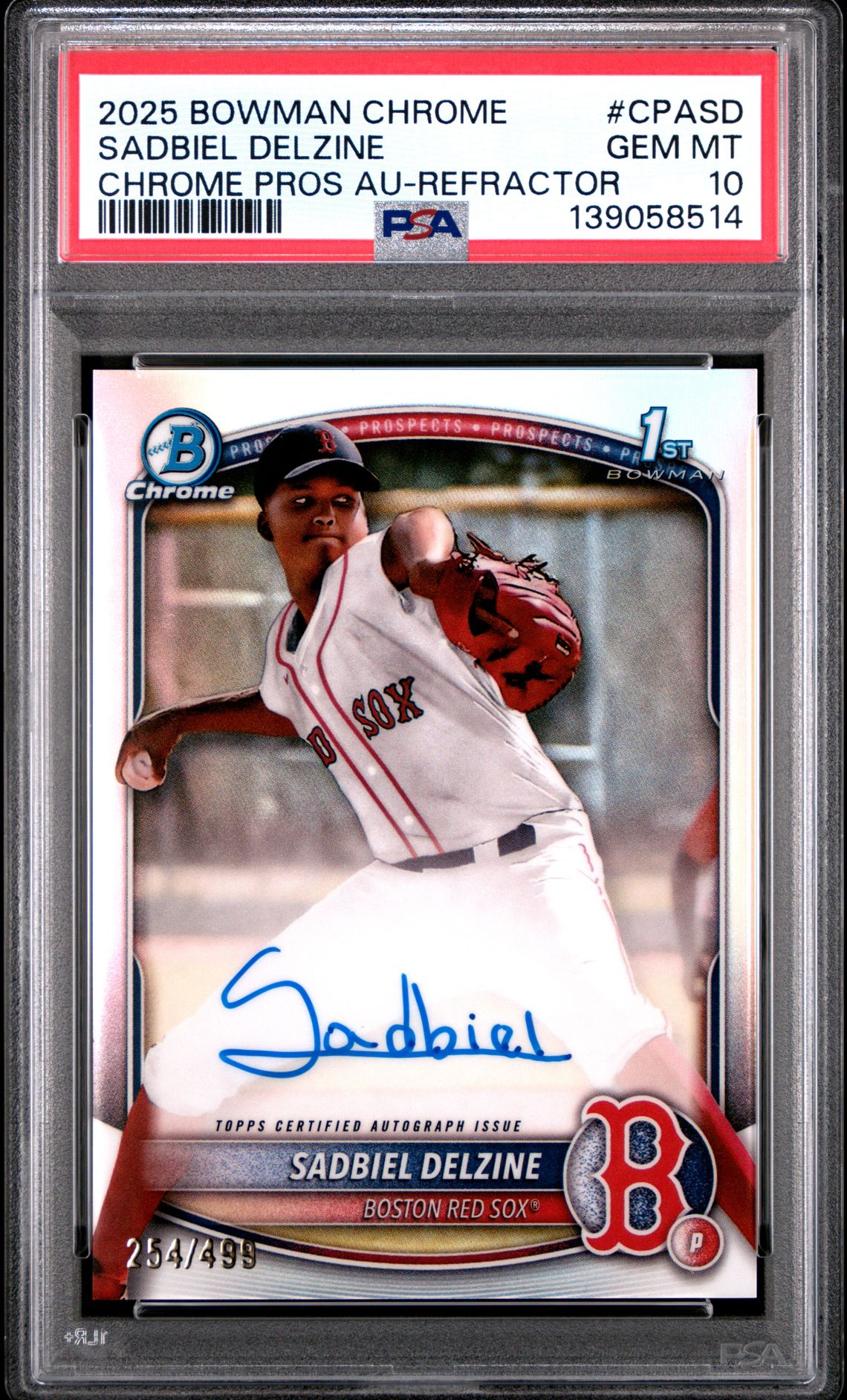 2025 Bowman Chrome Prospect Autographs Sadbiel Delzine #Cpasd (Chrome Pros Au-Refractor) Gem Mt 10 front view - PSA graded GEM MT 10