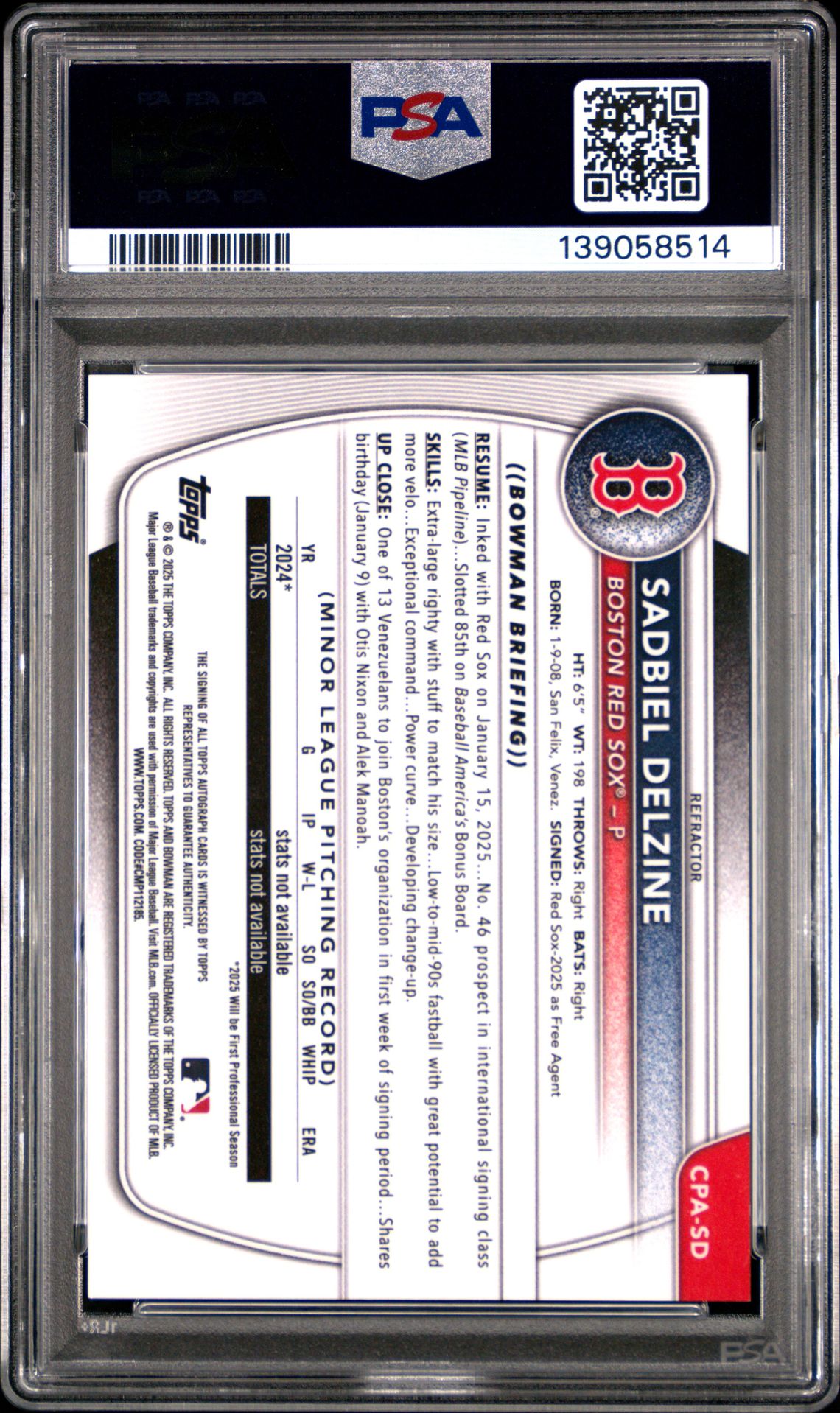 2025 Bowman Chrome Prospect Autographs Sadbiel Delzine #Cpasd (Chrome Pros Au-Refractor) Gem Mt 10 back view - PSA certificate #139058514