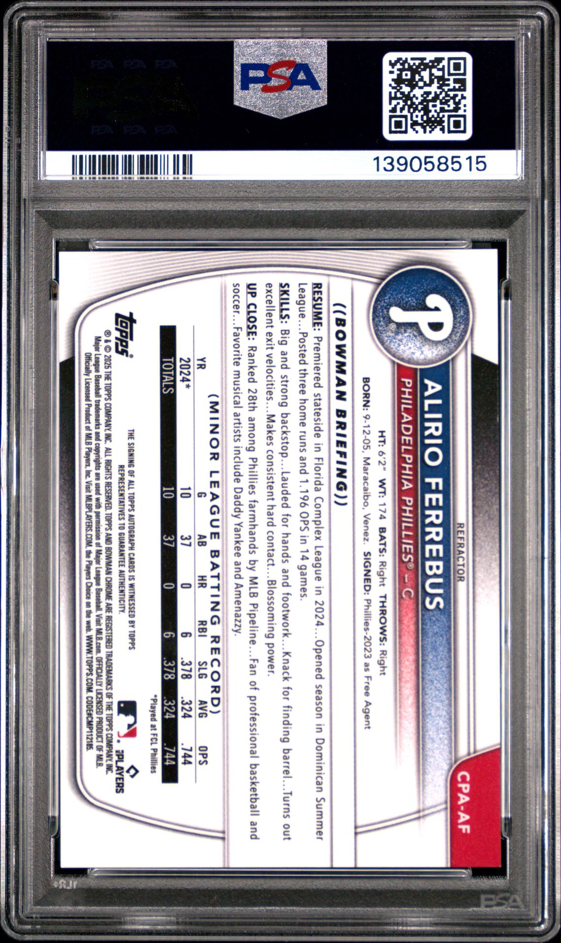 2025 Bowman Chrome Prospect Autographs Alirio Ferrebus #Cpaaf (Chrome Pros Au-Refractor) Mint 9 back