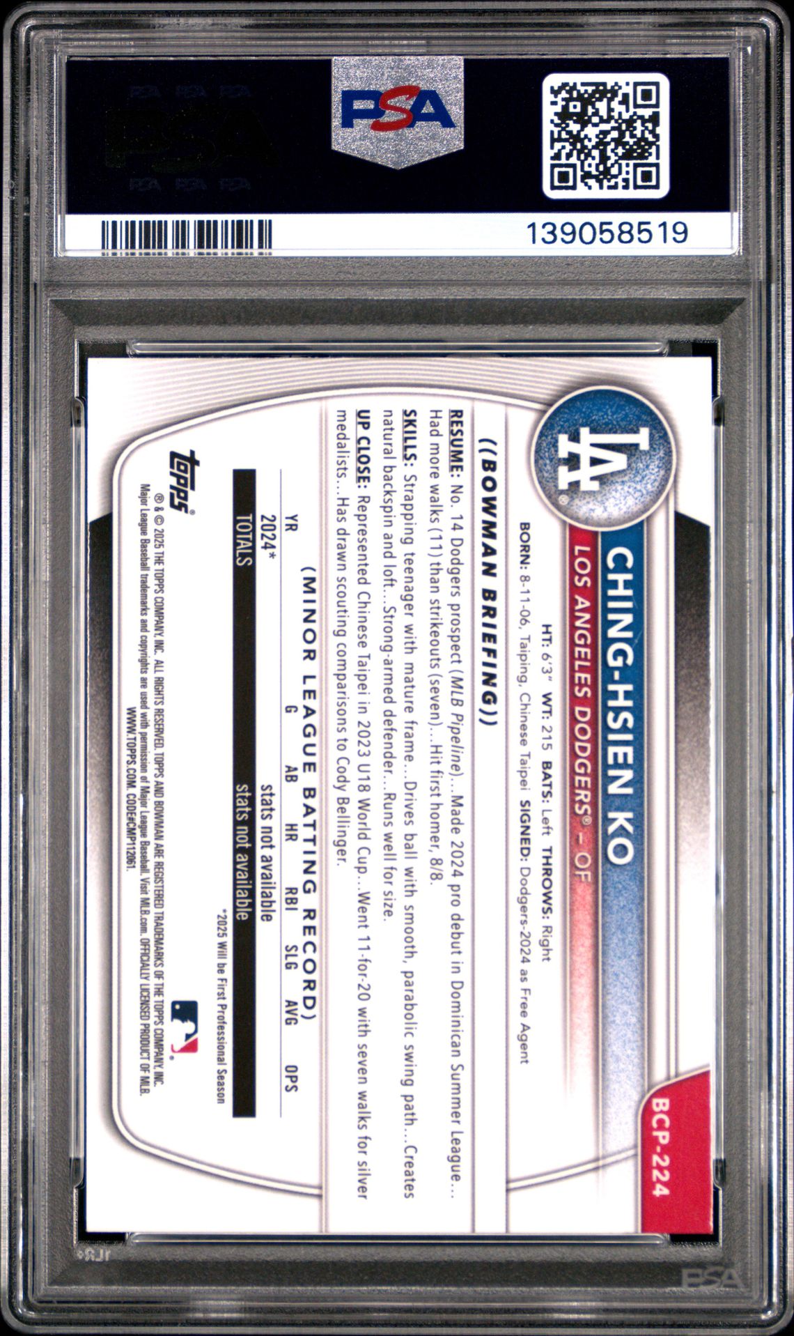 2025 Bowman Chrome Prospects Ching-Hsien Ko #Bcp224 (Prospects-Green Shimmer) Gem Mt 10 back