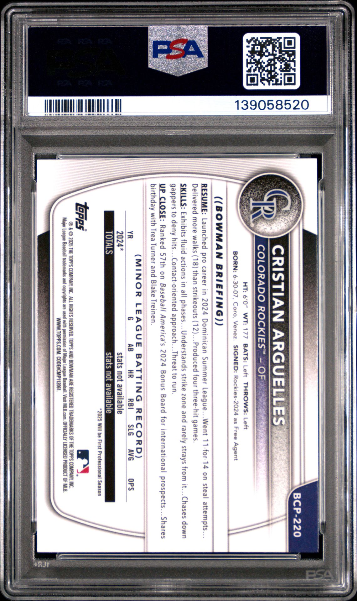 2025 Bowman Chrome Prospects Cristian Arguelles #Bcp220 (Prospects-Purple Wave) Mint 9 back