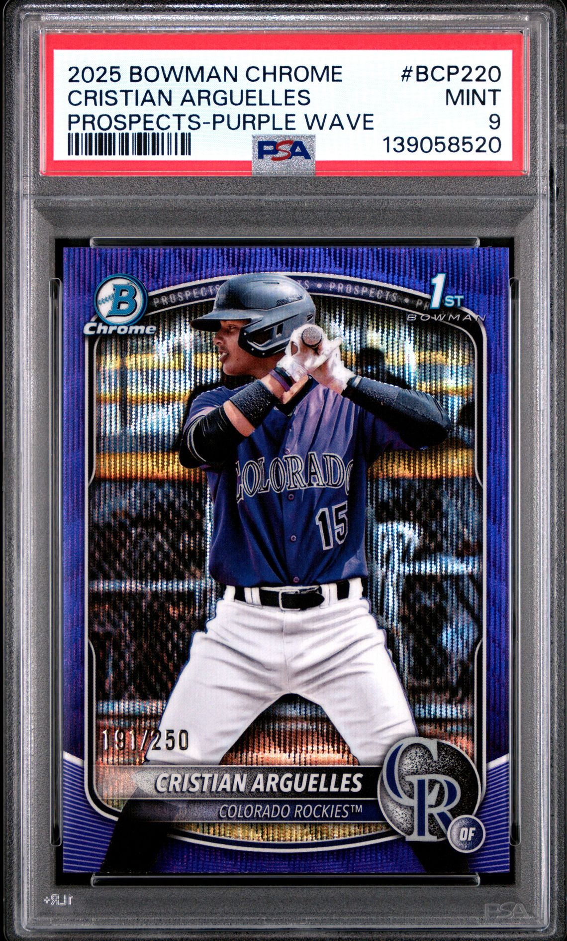 2025 Bowman Chrome Prospects Cristian Arguelles #Bcp220 (Prospects-Purple Wave) Mint 9 front