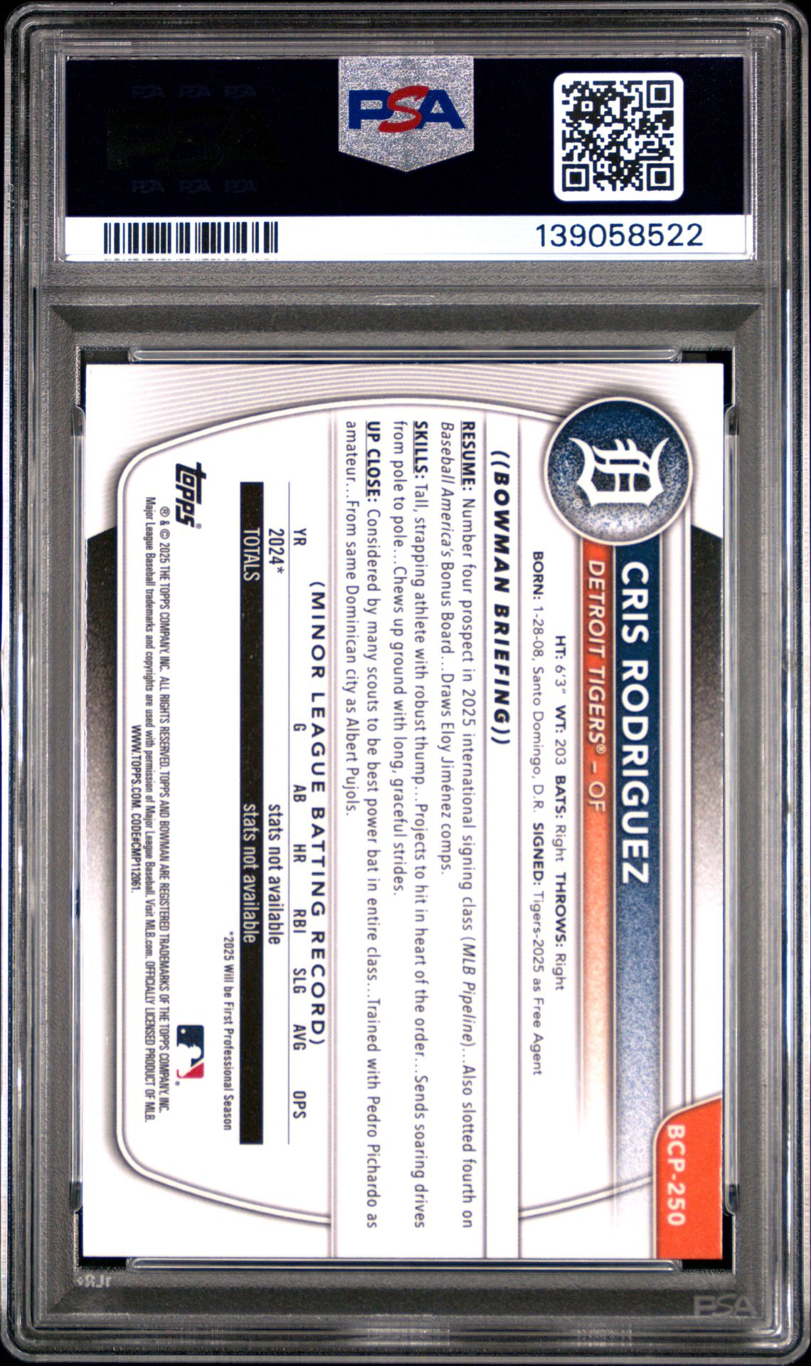 2025 Bowman Chrome Prospects Cris Rodriguez #Bcp250 (Prospects-Mini Diamond) Gem Mt 10 back