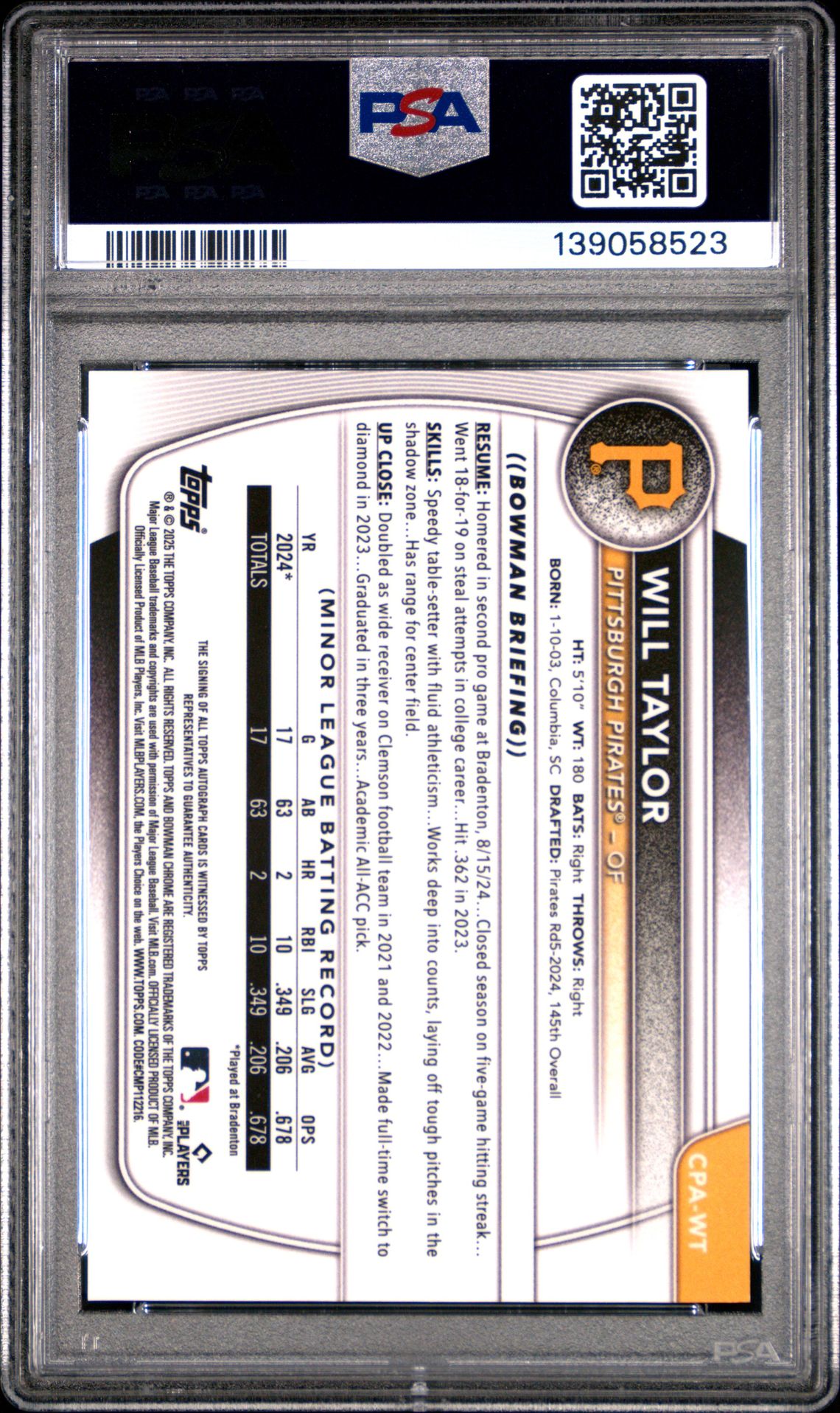 2025 Bowman Chrome Prospect Autographs Will Taylor #Cpawt Mint 9 back