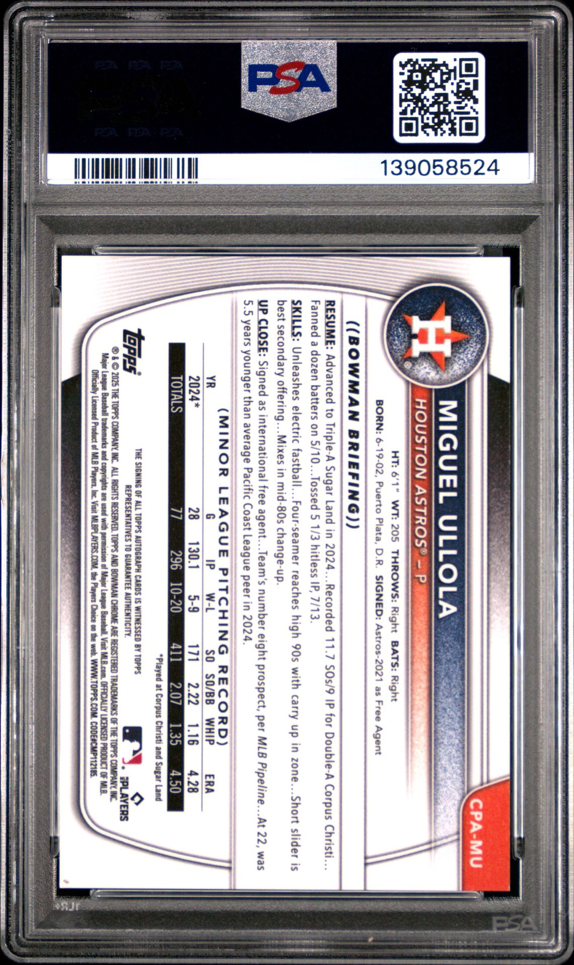 2025 Bowman Chrome Prospect Autographs Miguel Ullola #Cpamu Mint 9 back
