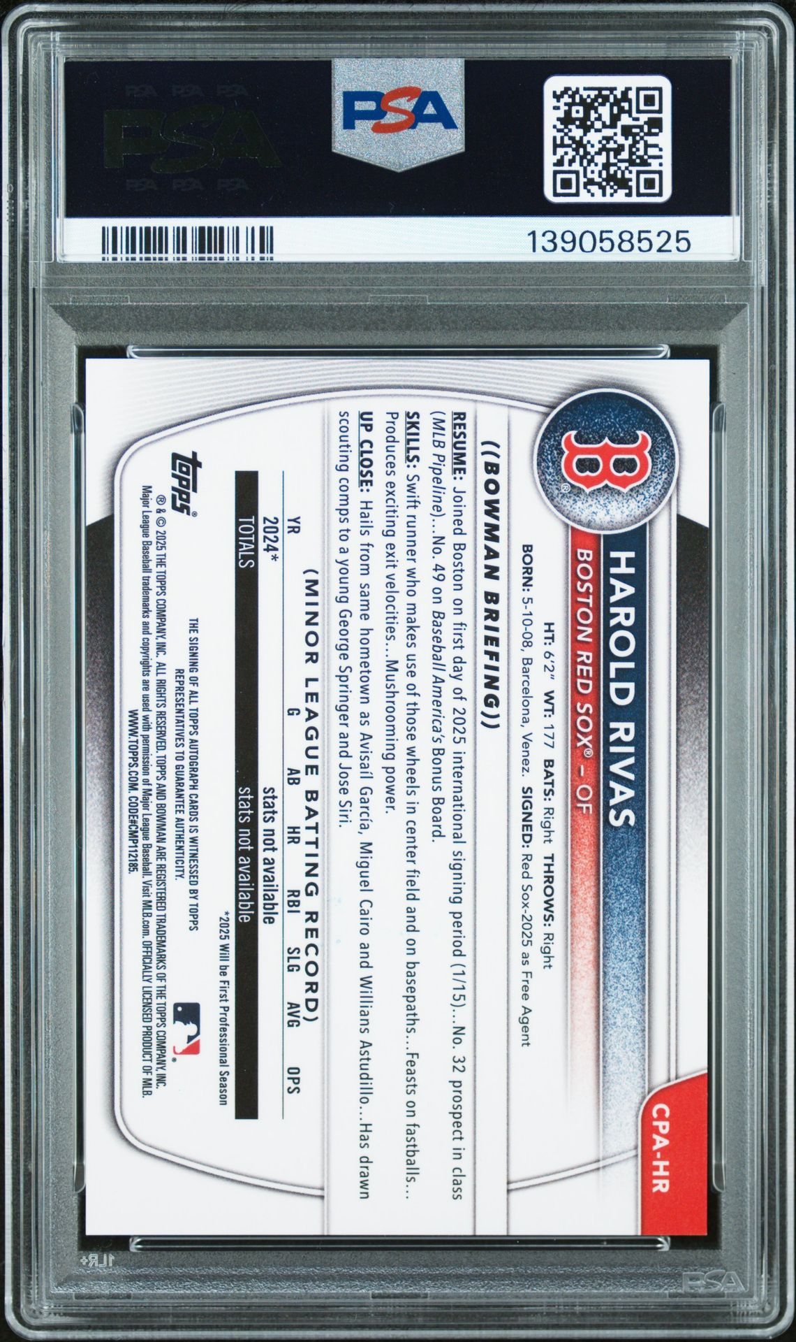 2025 Bowman Chrome Prospect Autographs Harold Rivas #Cpahr Mint 9 back
