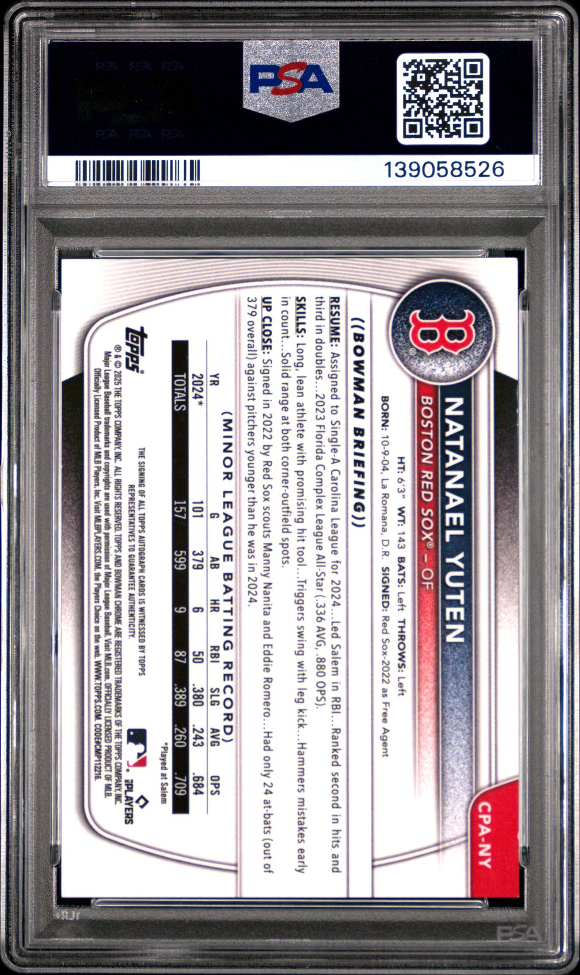 2025 Bowman Chrome Prospect Autographs Natanael Yuten #Cpany Gem Mt 10 back view - PSA certificate #139058526