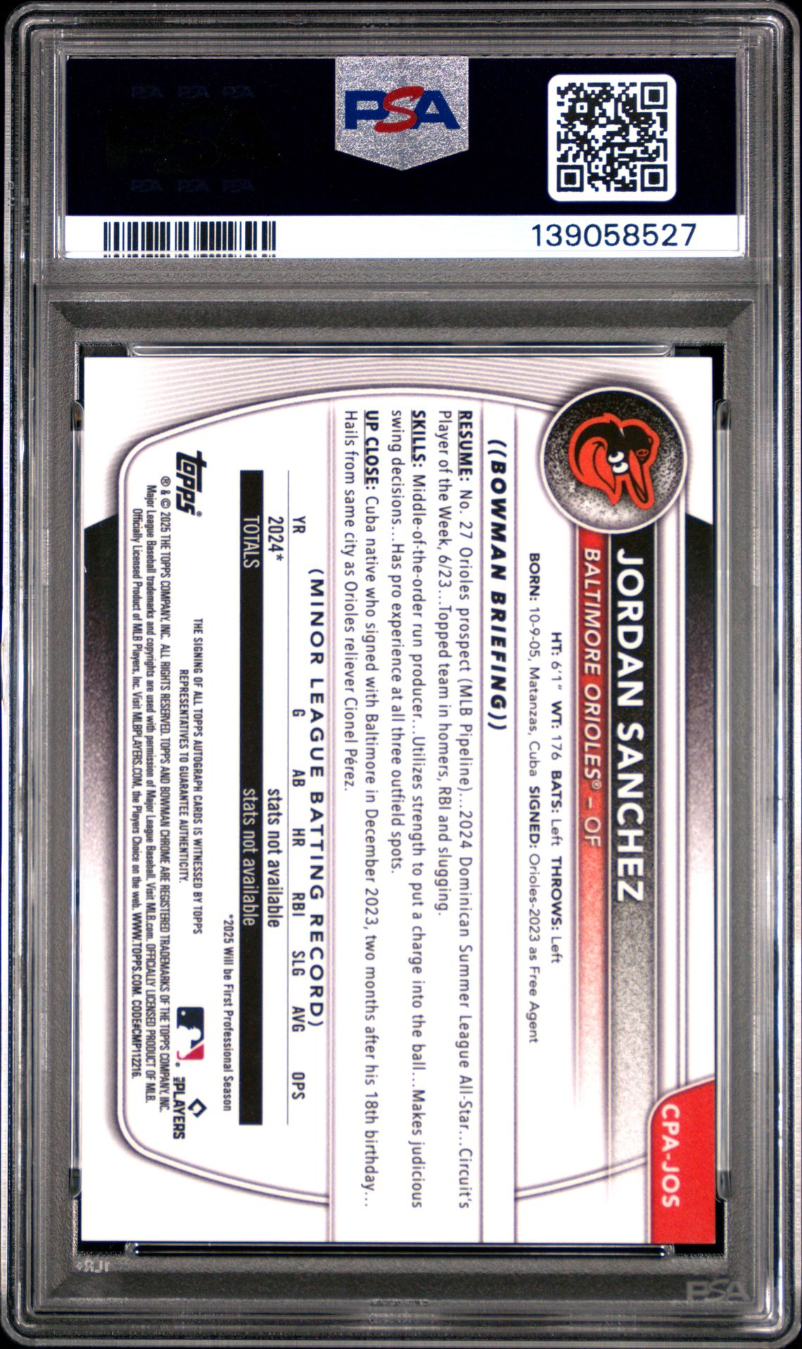 2025 Bowman Chrome Prospect Autographs Jordan Sanchez #Cpajos Mint 9 back