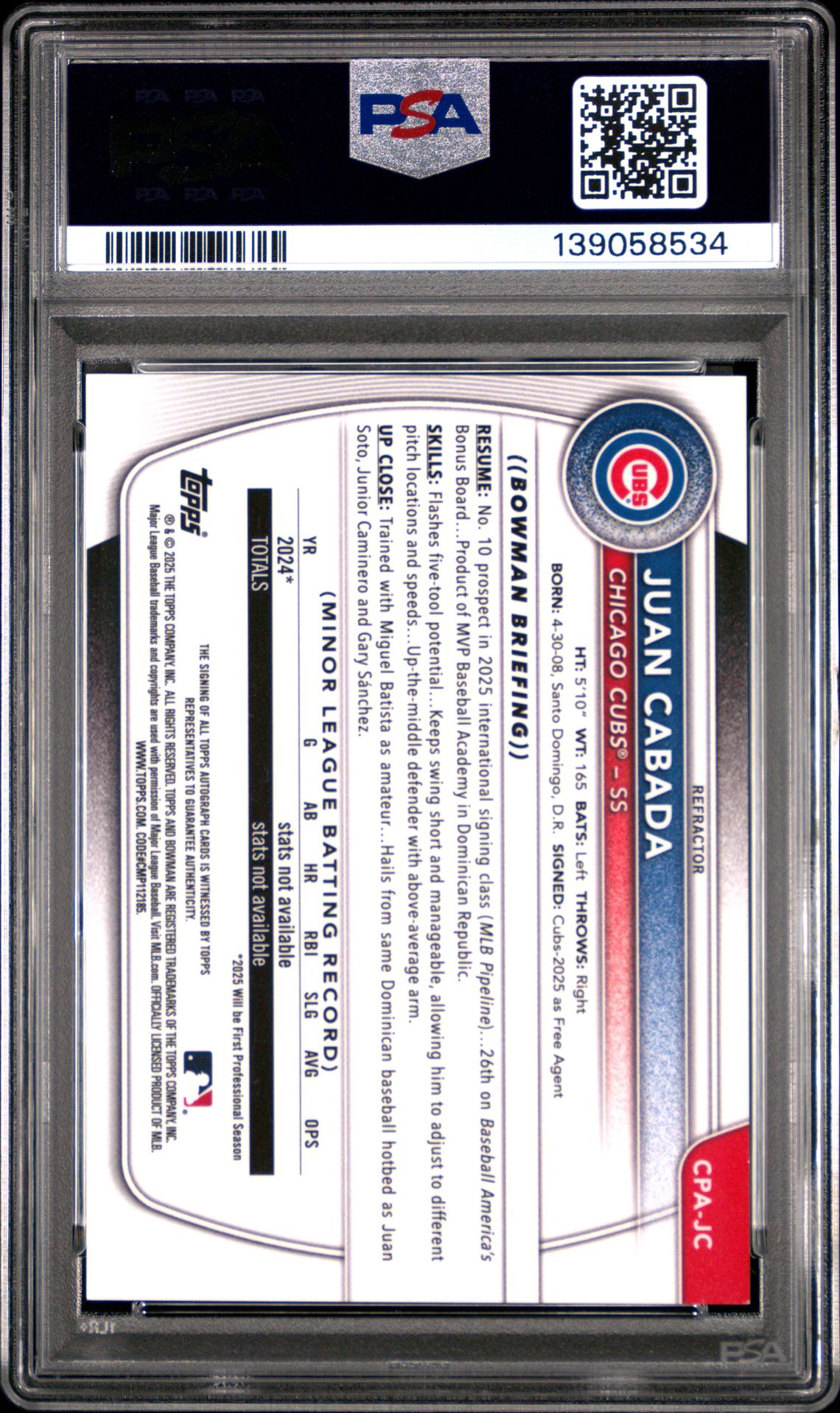 2025 Bowman Chrome Prospect Autographs Juan Cabada #Cpajc (Chrome Pros Au-Refractor) Mint 9 back