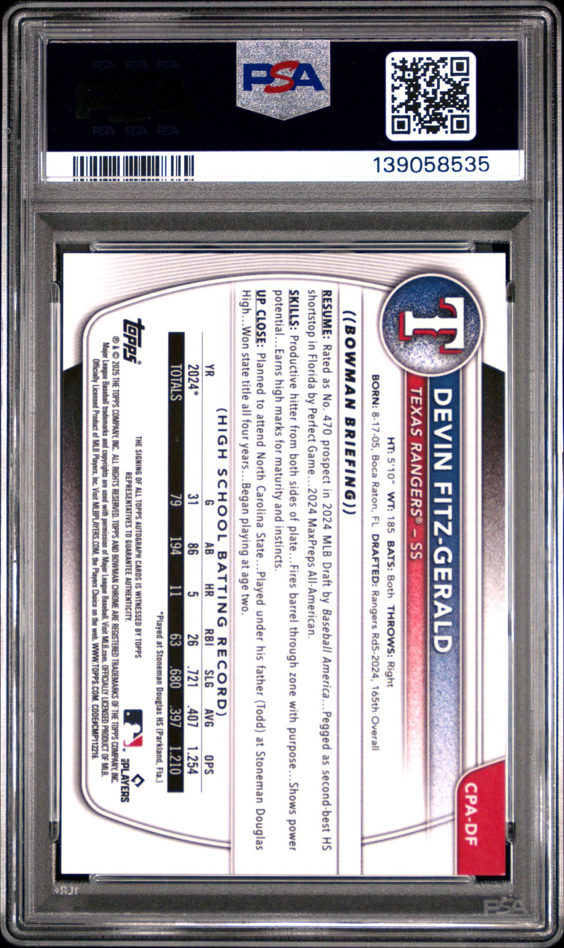 2025 Bowman Chrome Prospect Autographs Devin Fitz-Gerald #Cpadf (Chr Pros Auto-Hta Choice) Mint 9 back