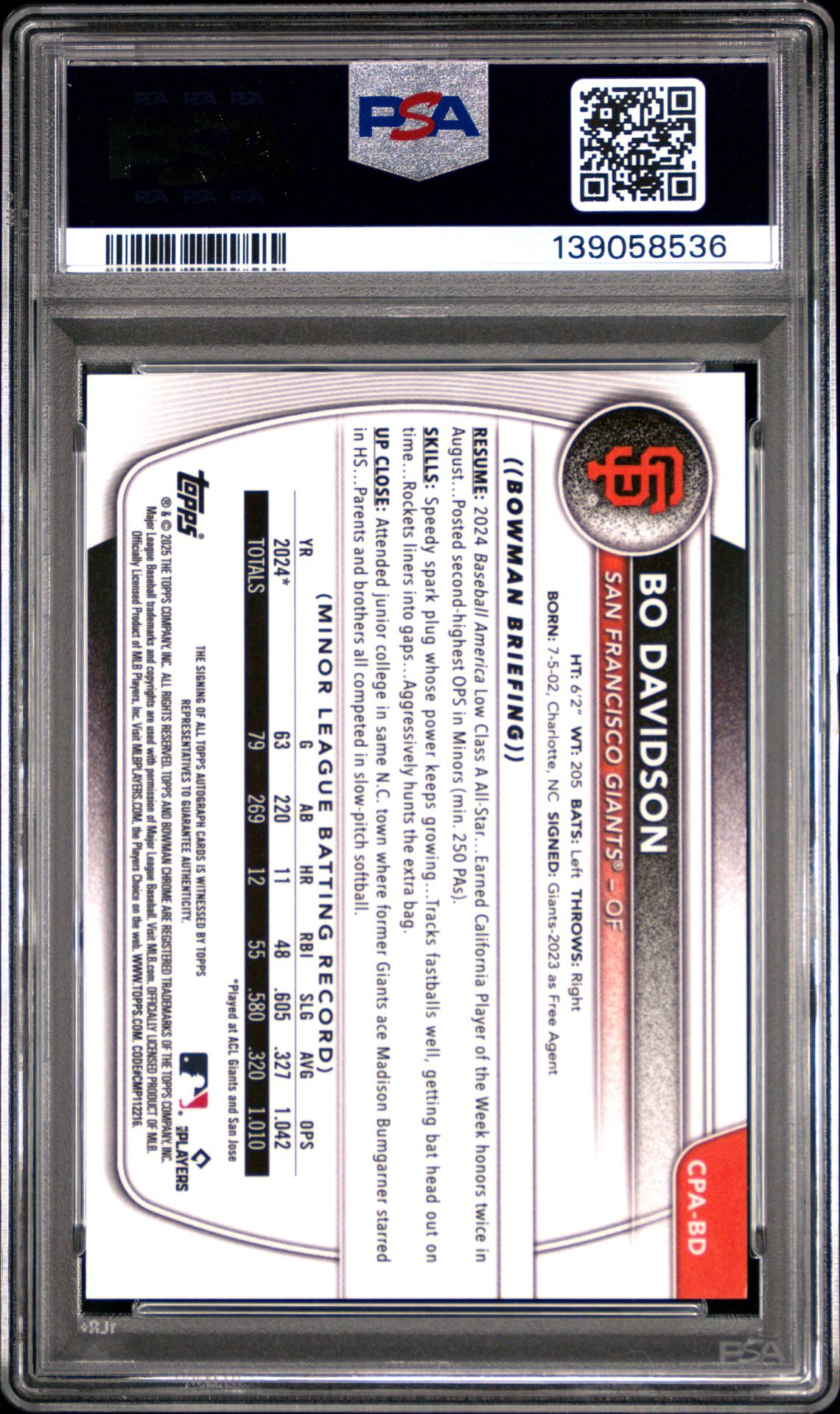 2025 Bowman Chrome Prospect Autographs Bo Davidson #Cpabd (Chr Pros Auto-Hta Choice) Mint 9 back