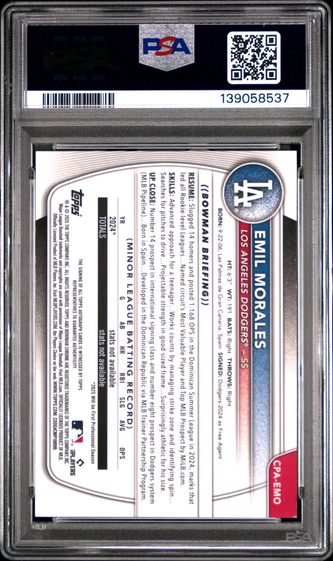 2025 Bowman Chrome Prospect Autographs Emil Morales #Cpaemo (Chr Pros Auto-Green Ref) Mint 9 back