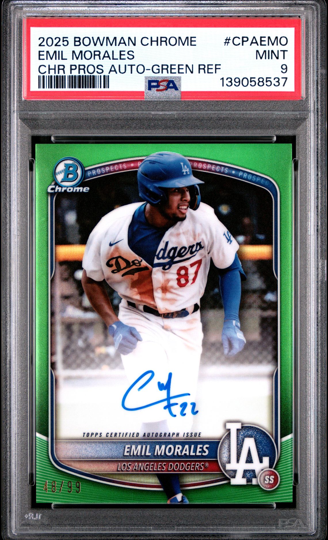 2025 Bowman Chrome Prospect Autographs Emil Morales #Cpaemo (Chr Pros Auto-Green Ref) Mint 9 front