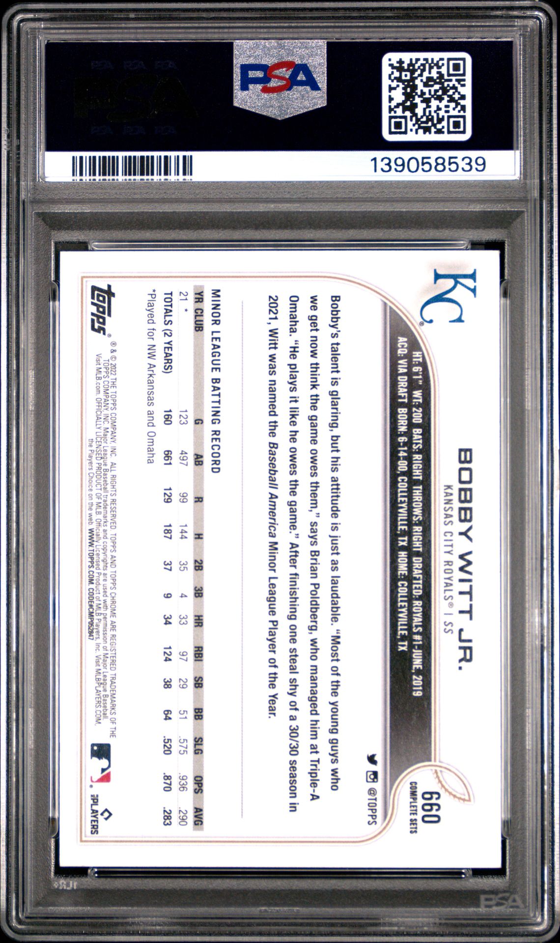 2022 Topps Complete Set Bobby Witt Jr. #660 (Variation) Mint 9 back