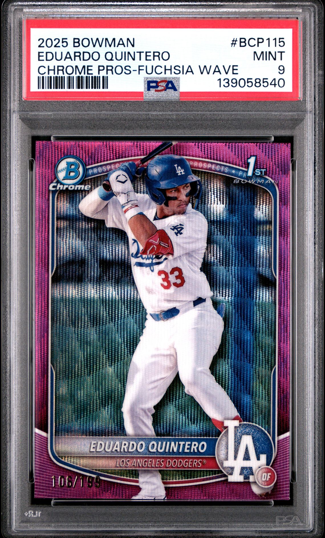 2025 Bowman Chrome Prospects Eduardo Quintero #Bcp115 (Chrome Pros-Fuchsia Wave) Mint 9 front