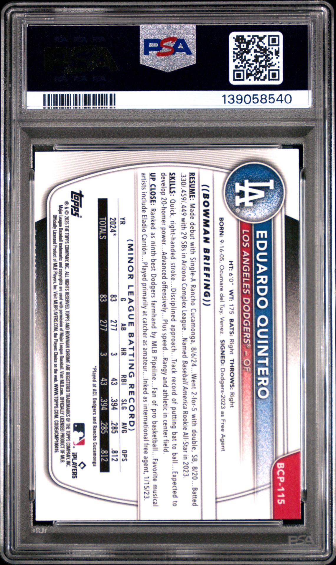 2025 Bowman Chrome Prospects Eduardo Quintero #Bcp115 (Chrome Pros-Fuchsia Wave) Mint 9 back