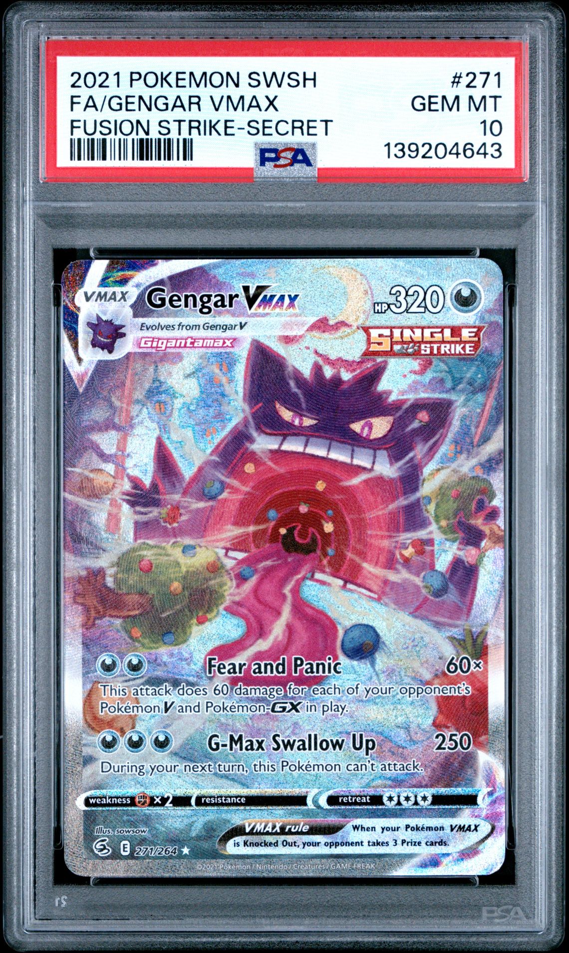 2021 Pokemon Sword & Shield Fusion Strike Fa/Gengar Vmax #271 (Fusion Strike-Secret) Gem Mt 10 front