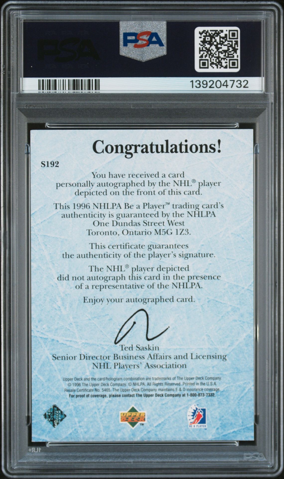 1995 Be A Player Autographs Dominik Hasek #S192 (Autograph) N0: Authentic back