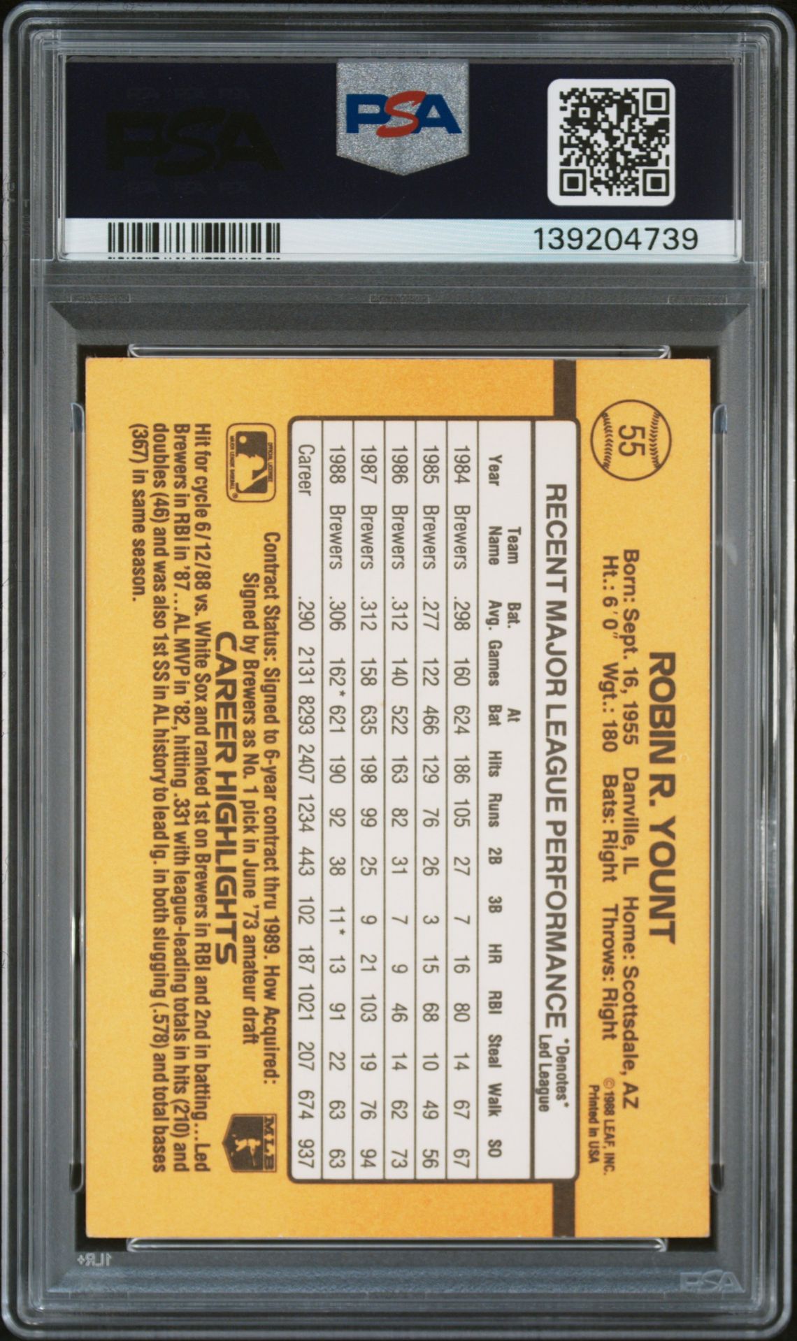 1989 Donruss Robin Yount #55 N0: Authentic back