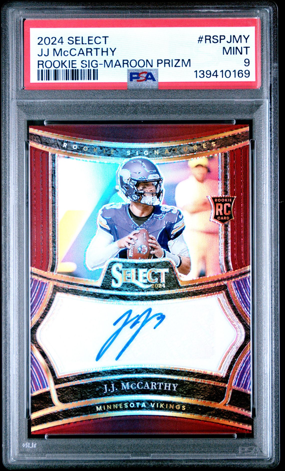 2024 Panini Select Rookie Signatures Jj Mccarthy #Rspjmy (Rookie Sig-Maroon Prizm) Mint 9 front