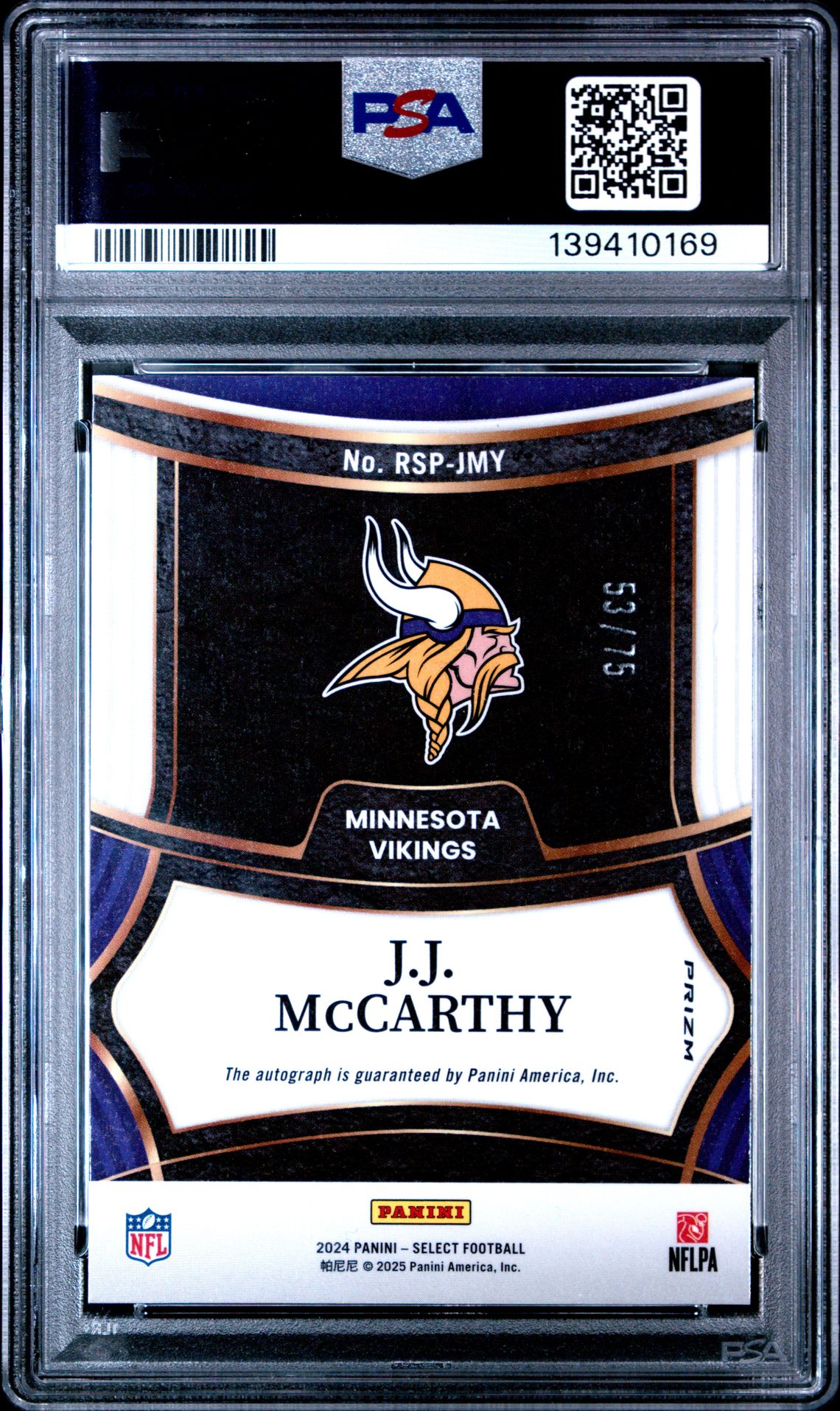 2024 Panini Select Rookie Signatures Jj Mccarthy #Rspjmy (Rookie Sig-Maroon Prizm) Mint 9 back