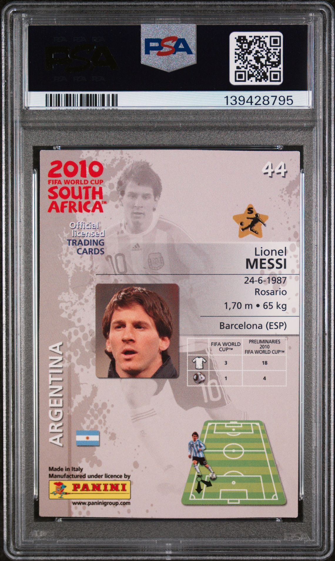 2010 Panini World Cup South Africa Lionel Messi #44 (South Africa) Mint 9 back