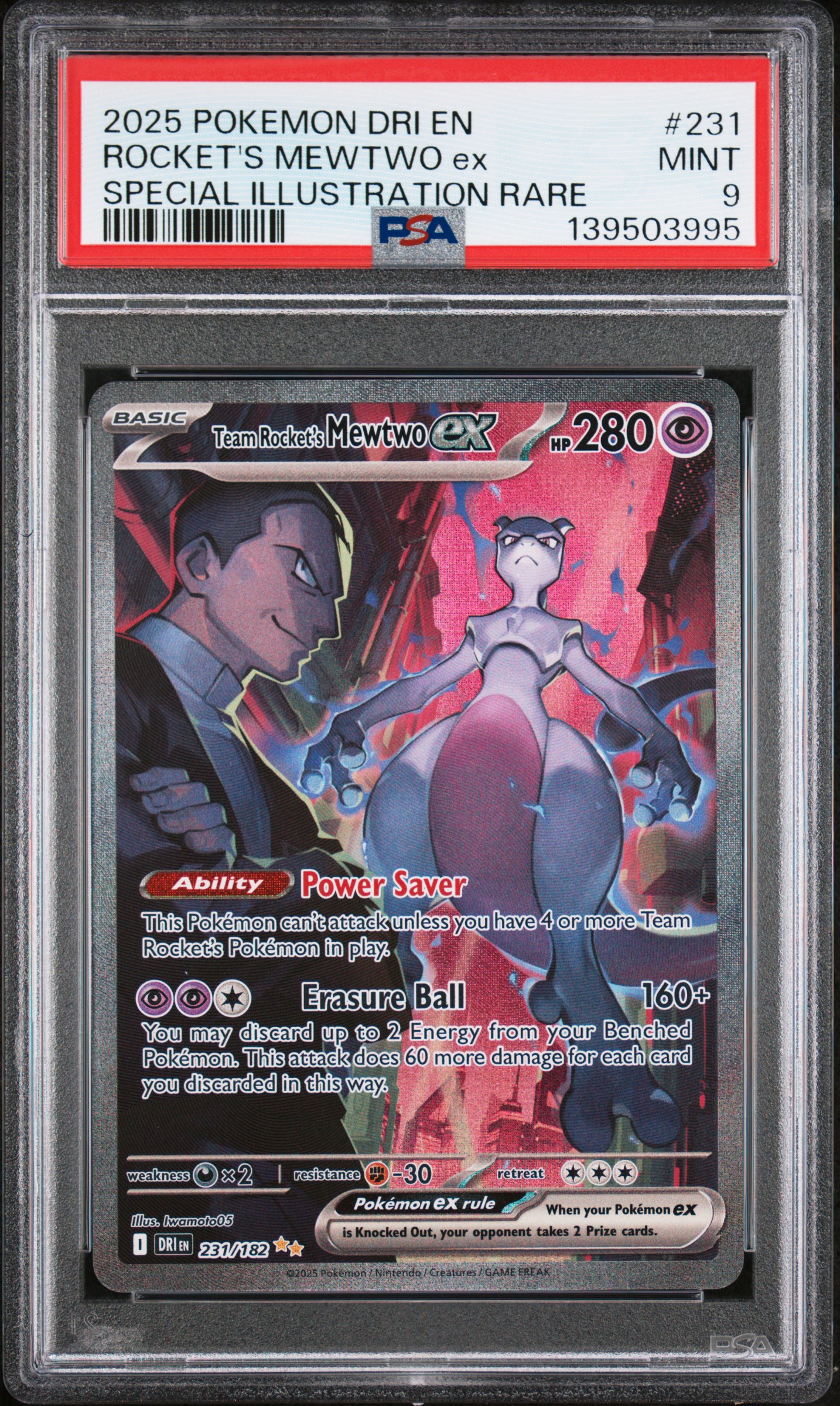 2025 #231 Team Rocket's Mewtwo EX PSA 9 Dri EN-Destined Rivals