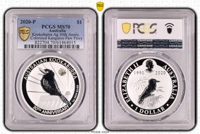 2020-P $1 Kookaburra Ag 30th Anniv. Colorized Kangaroo Paw Privy MS70
