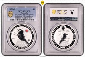 2020-P $1 Kookaburra Ag 30th Anniv. Colorized Waratah Privy MS70