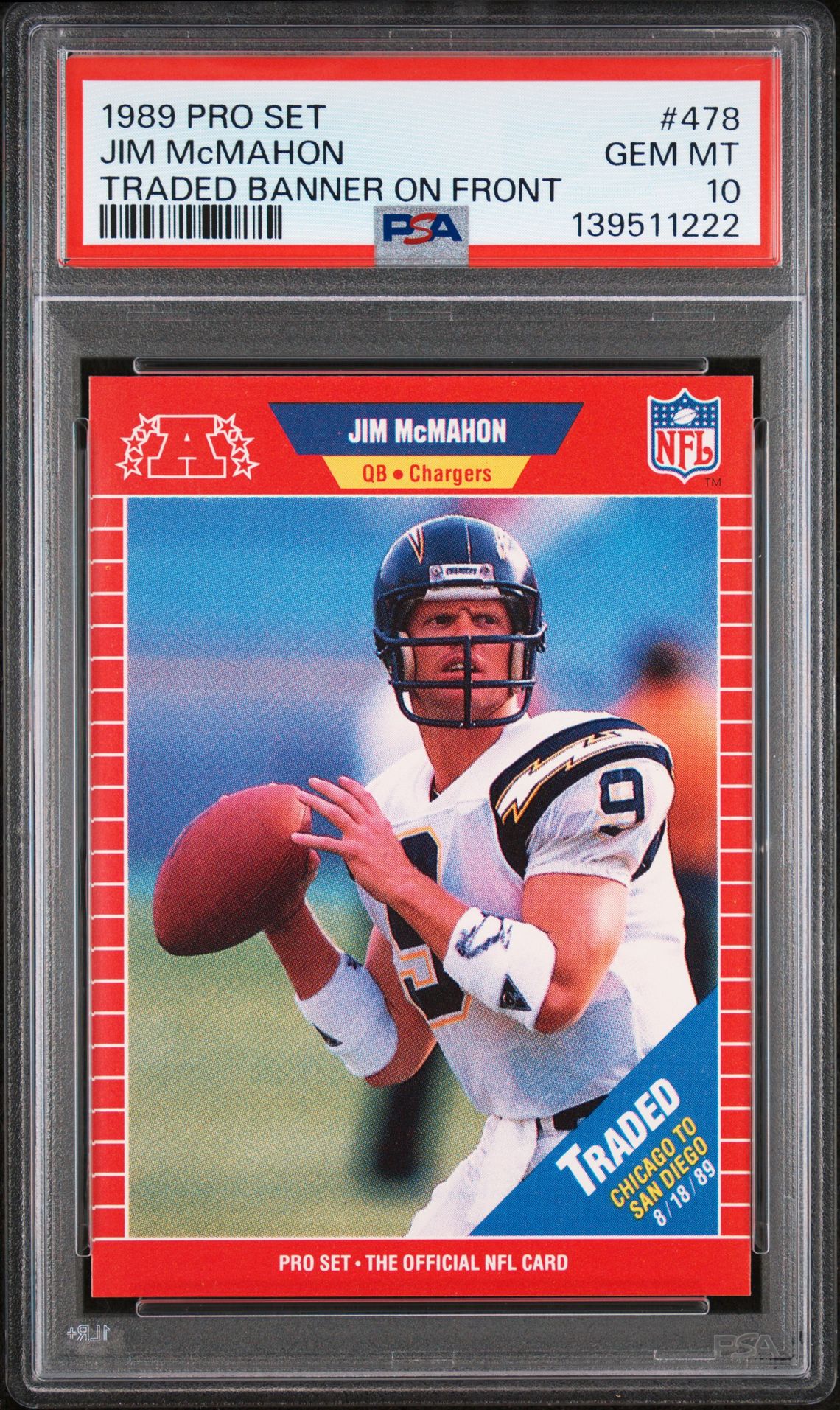 1989 PRO SET TRADED BANNER ON FRONT #478 Jim Mcmahon front
