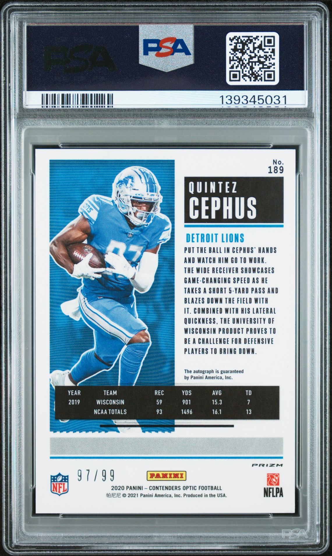 2020 Panini Contenders Optic Quintez Cephus #189 (Autograph-Blue) Mint 9 back