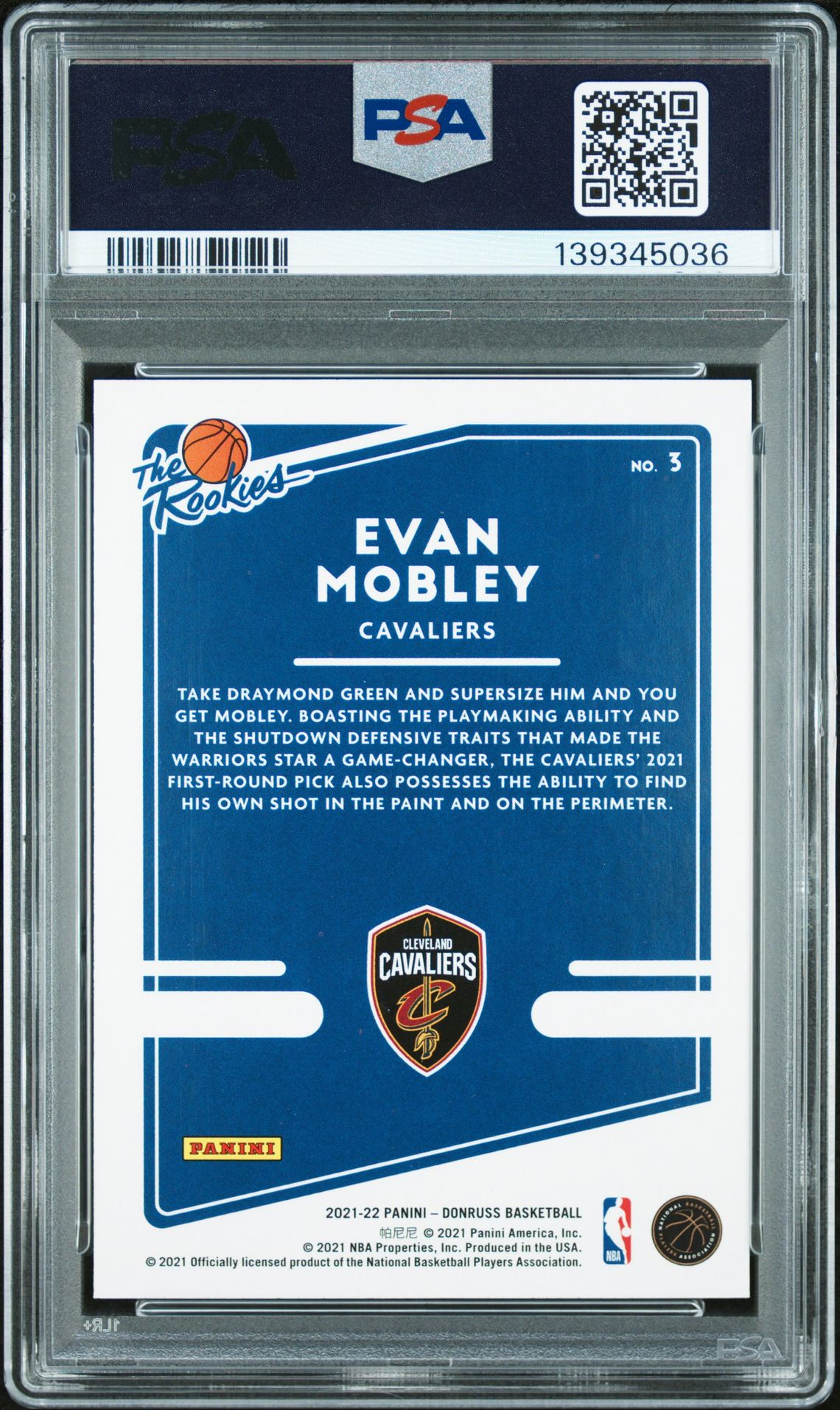 2021 Panini Donruss The Rookies Evan Mobley #3 (The Rks-Holo Teal Laser) Mint 9 back