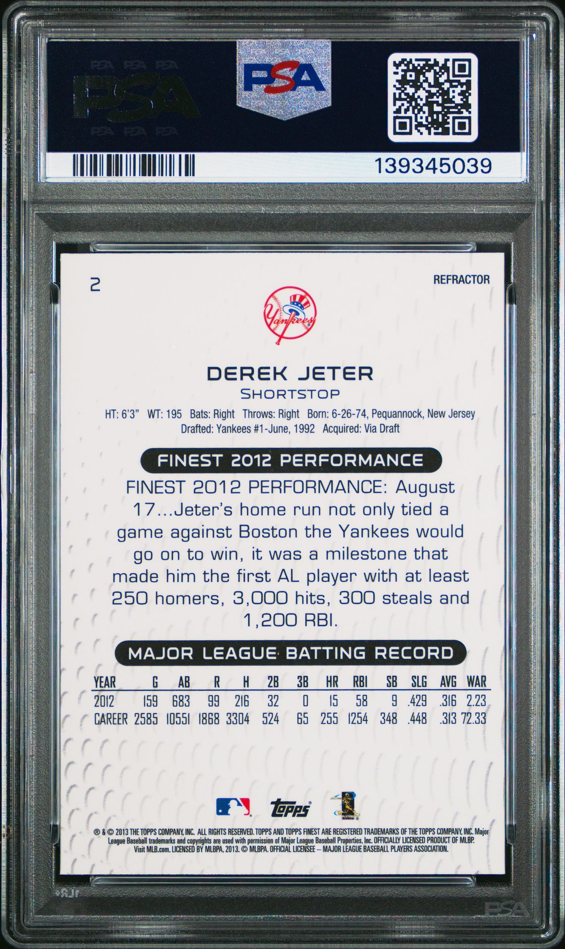 2013 Finest Derek Jeter #2 (Refractor) Gem Mt 10 back