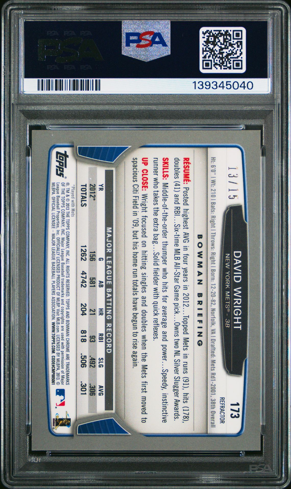 2013 Bowman Chrome David Wright #173 (Black Refractor) Mint 9 back