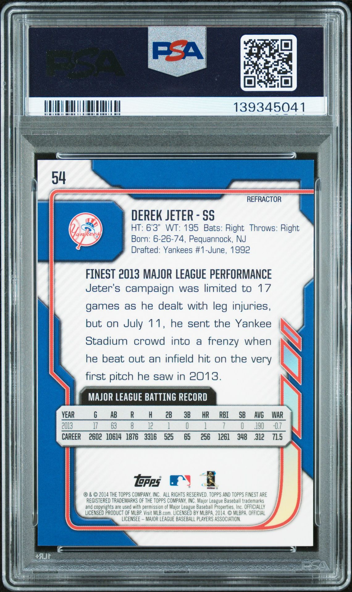 2014 Finest Derek Jeter #54 (Green Refractor) Mint 9 back